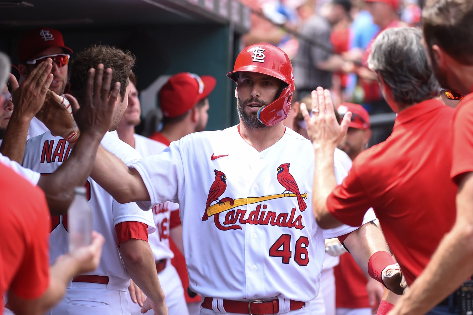 ST LOUIS, MO - AUGUST 04: Paul Goldschmidt #46 of the St. Louis Cardinals is congratulated after hitting a solo home run against the Chicago Cubs in game one of a double header at Busch Stadium on August 4, 2022 in St Louis, Missouri. (Photo by Joe Puetz/Getty Images)