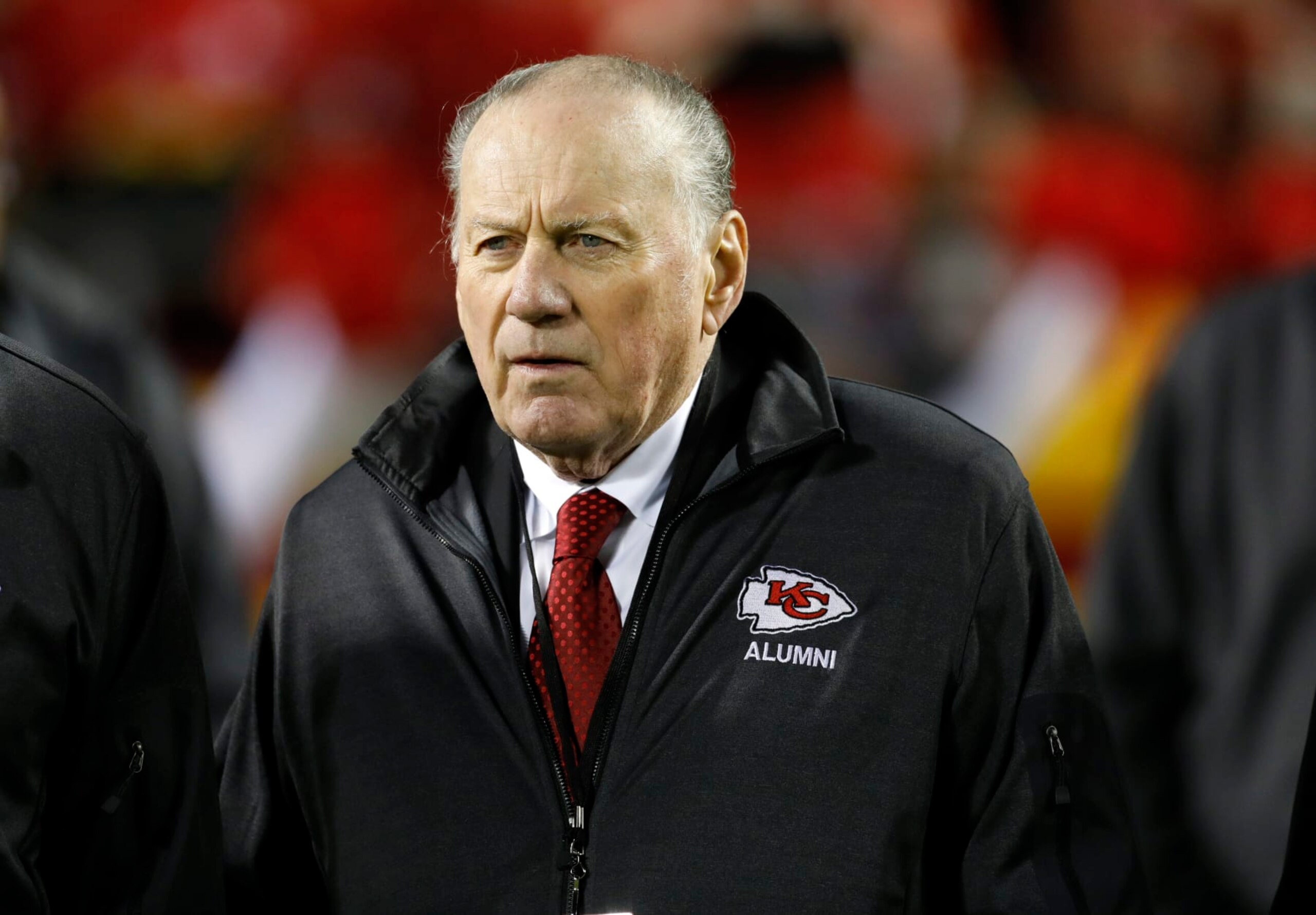FILE - Former Kansas City Chiefs quarterback Len Dawson stands on the sideline during the second half of an NFL football game against the Denver Broncos in Kansas City, Mo., Oct. 30, 2017. Dawson, the 87-year-old Hall of Fame quarterback who led the Chiefs to their first Super Bowl title, has entered hospice care in Kansas City. KMBC-TV, the Kansas City station where Dawson began his broadcasting career in 1966, confirmed he is in hospice care through his wife, Linda. (AP Photo/Colin E. Braley, File)
