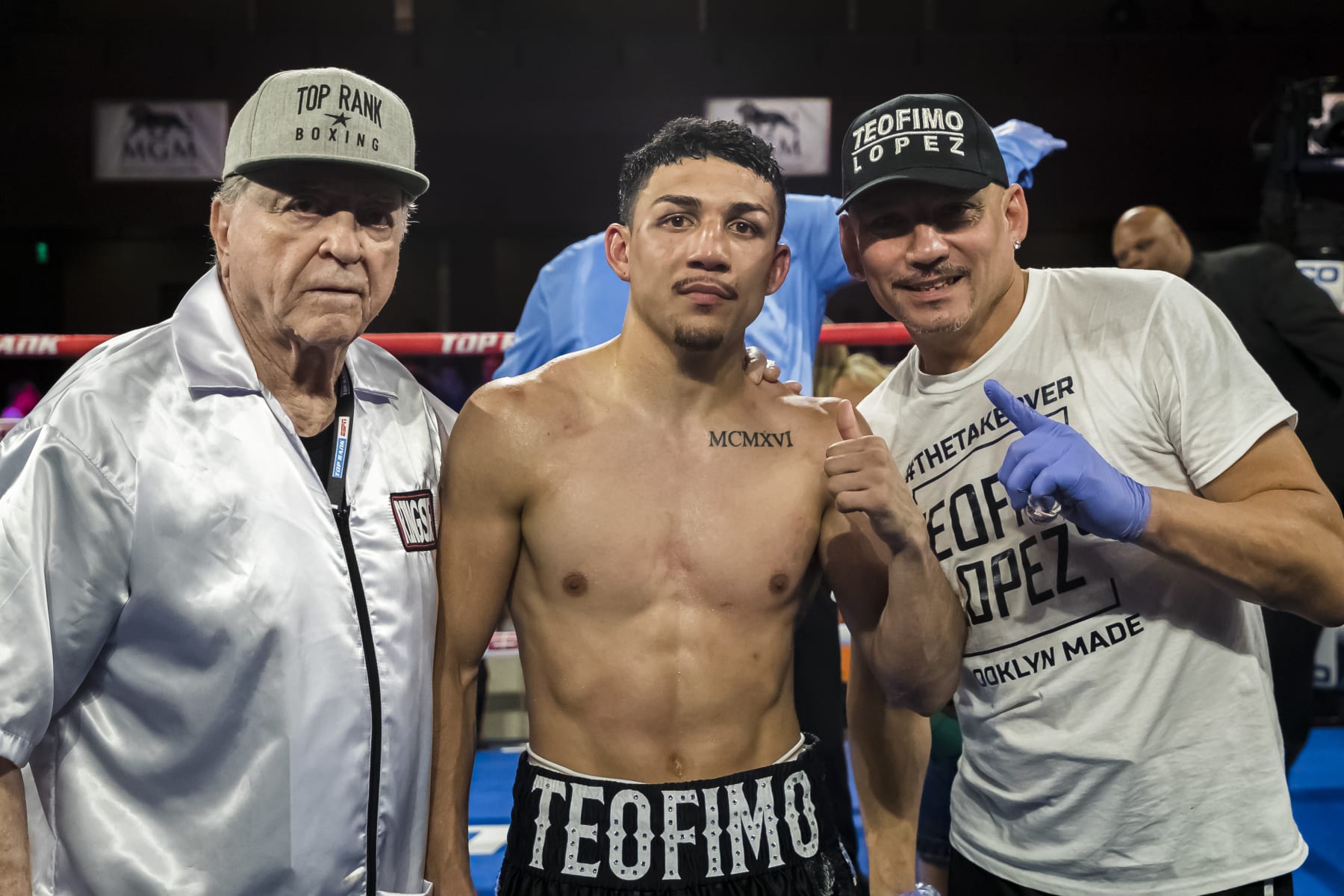 OXON HILL, MD - JULY 19: Teofimo Lopez celebrates with his corner after his lightweight IBF World Title Elimination fight against Masayoshi Nakatani at The Theater at MGM National Harbor on July 19, 2019 in Oxon Hill, Maryland. (Photo by Scott Taetsch/Getty Images)