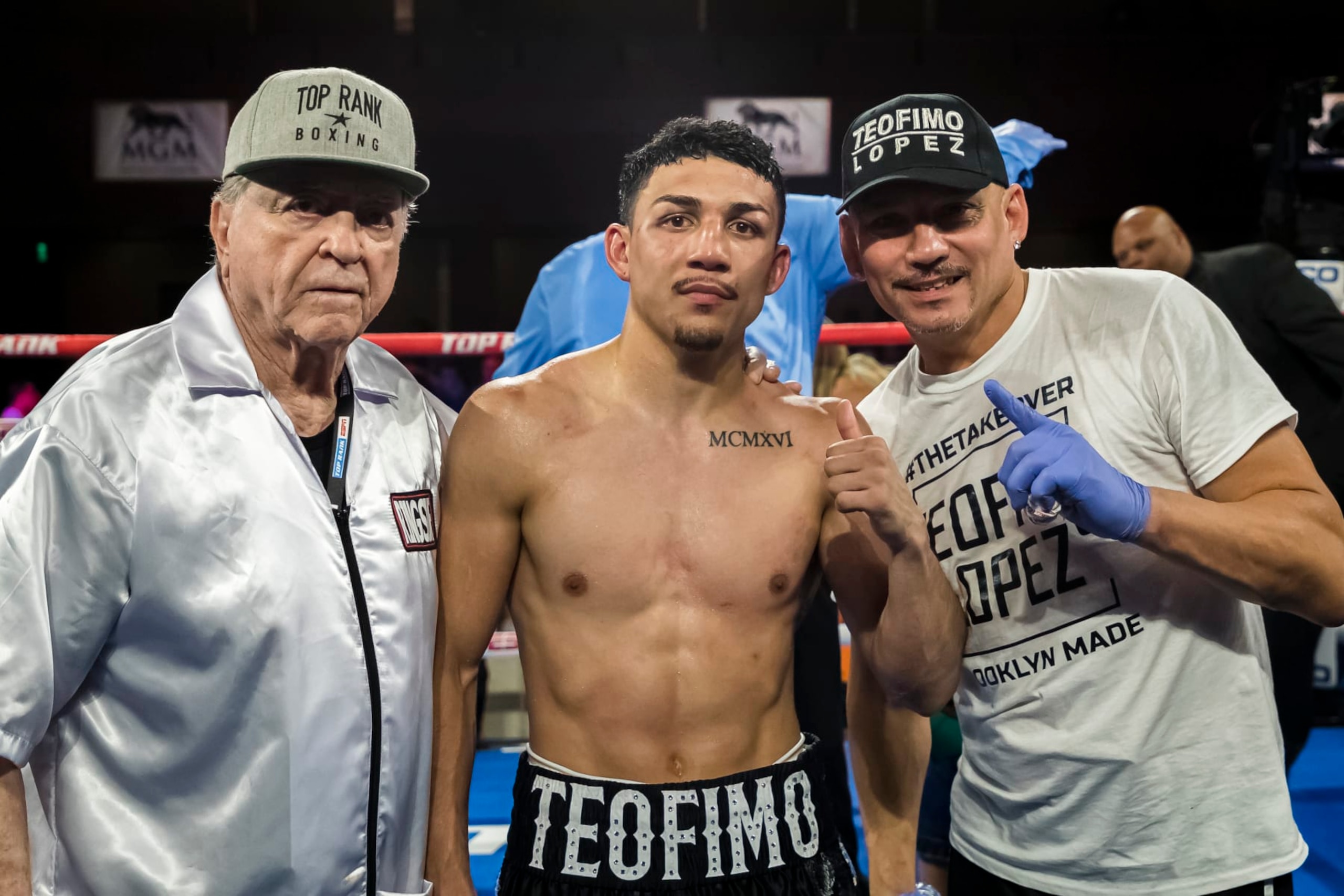OXON HILL, MD - JULY 19: Teofimo Lopez celebrates with his corner after his lightweight IBF World Title Elimination fight against Masayoshi Nakatani at The Theater at MGM National Harbor on July 19, 2019 in Oxon Hill, Maryland. (Photo by Scott Taetsch/Getty Images)