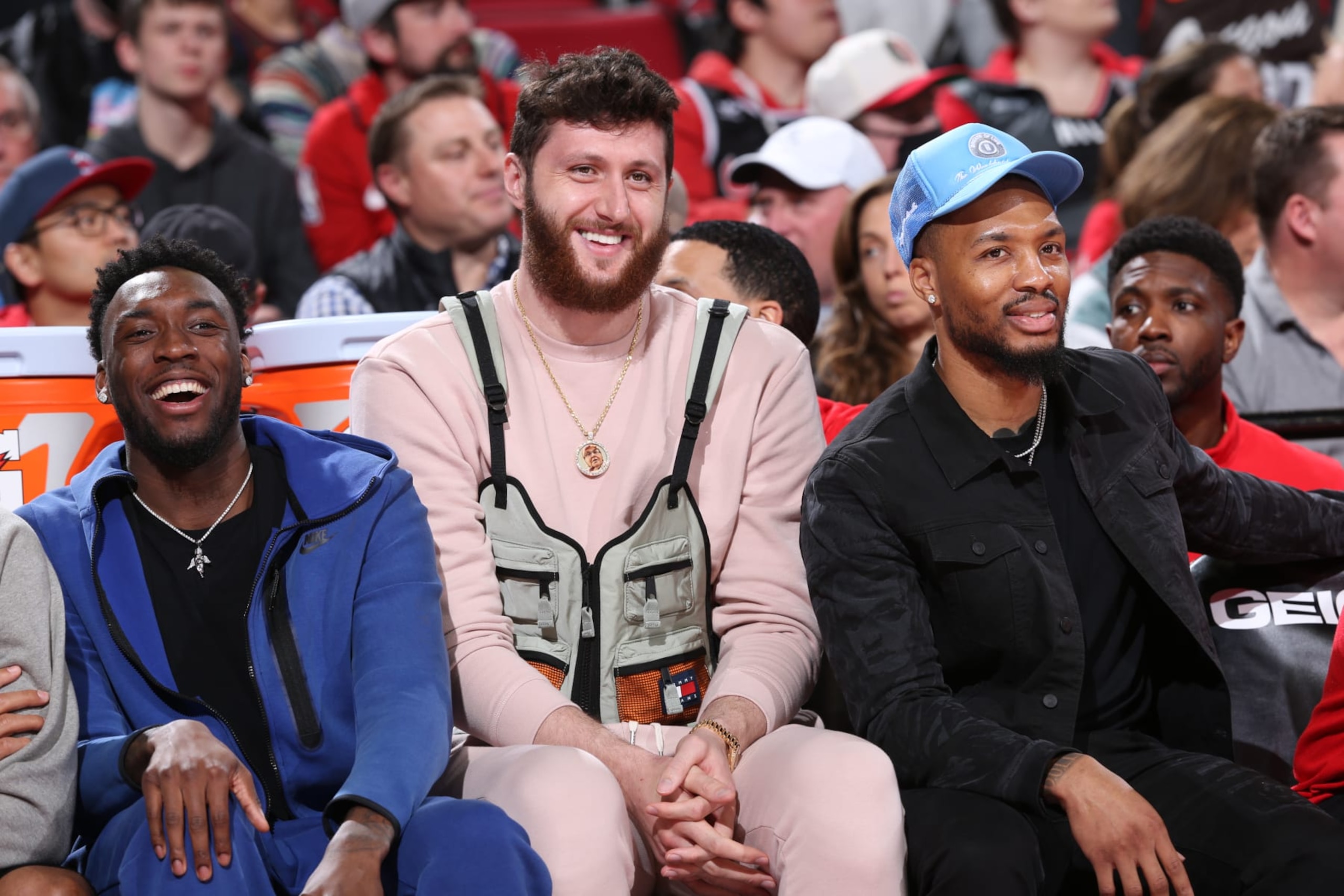 PORTLAND, OR - MARCH 30: Nassir Little #9, Jusuf Nurkic #27 and Damian Lillard #0 of the Portland Trail Blazers look on during the game against the New Orleans Pelicans on March 30, 2022 at the Moda Center Arena in Portland, Oregon. NOTE TO USER: User expressly acknowledges and agrees that, by downloading and or using this photograph, user is consenting to the terms and conditions of the Getty Images License Agreement. Mandatory Copyright Notice: Copyright 2022 NBAE (Photo by Sam Forencich/NBAE via Getty Images)