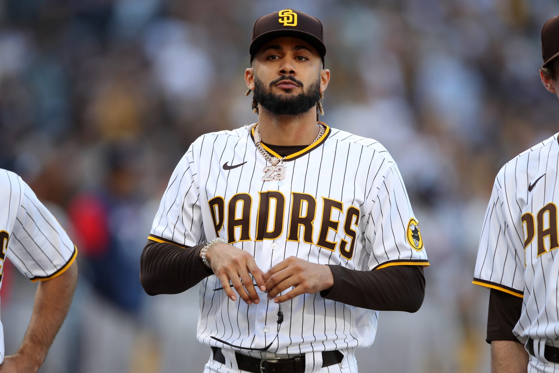 SAN DIEGO, CA - APRIL 14: Fernando Tatis Jr. #23 of the San Diego Padres is introduced before the game between the Atlanta Braves and the San Diego Padres at Petco Park on Thursday, April 14, 2022 in San Diego, California. (Photo by Rob Leiter/MLB Photos via Getty Images)