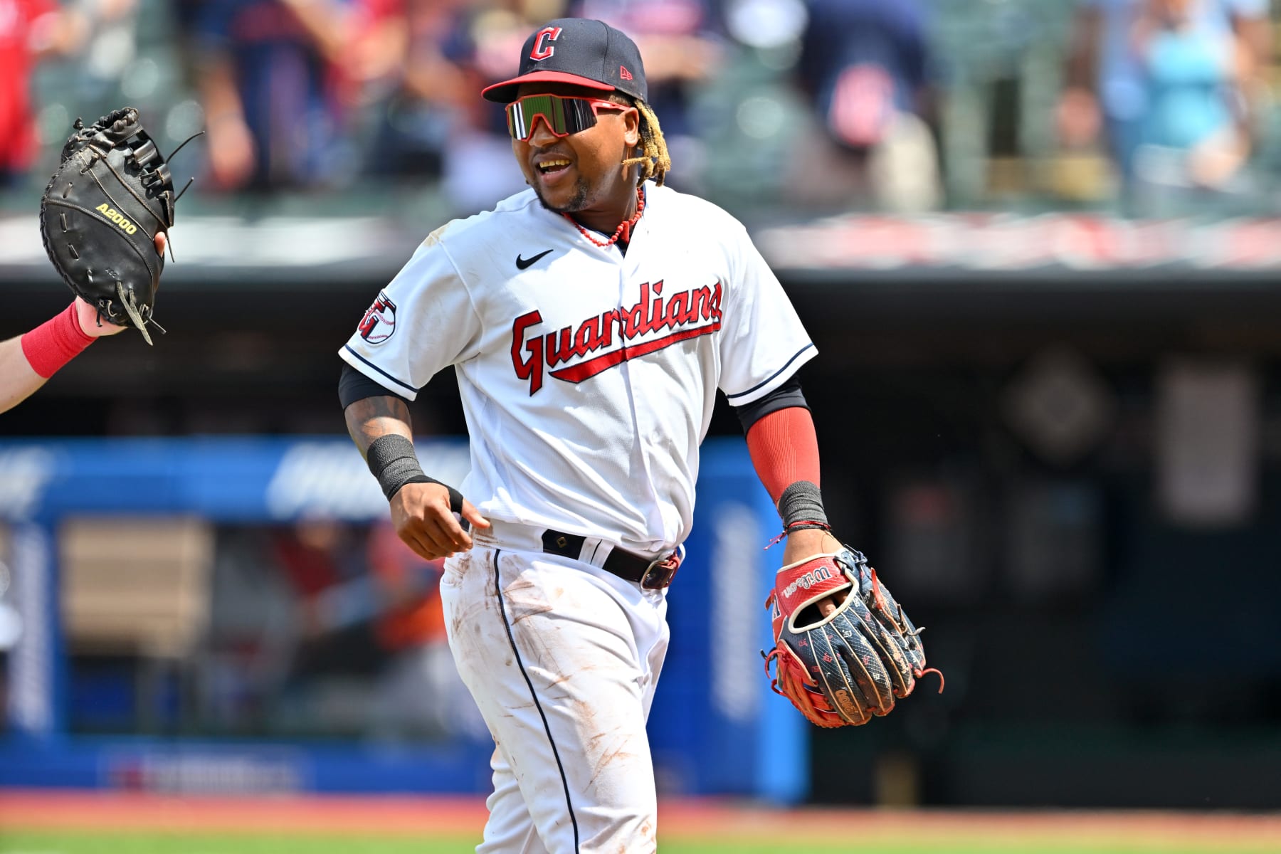 CLEVELAND, OHIO - AUGUST 07: Jose Ramirez #11 of the Cleveland Guardians celebrates with teammates after the Guardians defeated the Houston Astros at Progressive Field on August 07, 2022 in Cleveland, Ohio. The Guardians defeated the Astoros 1-0. (Photo by Jason Miller/Getty Images)