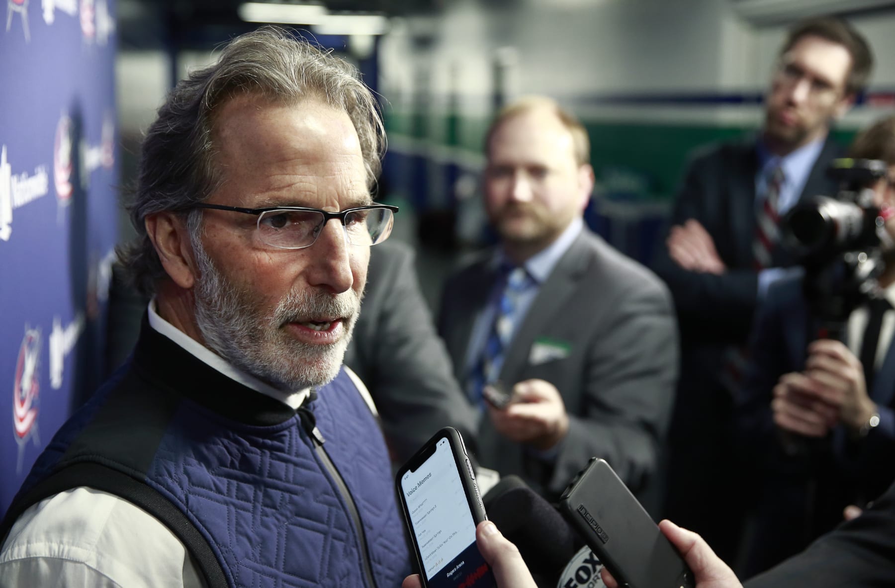 VANCOUVER, BC - MARCH 8: Head coach John Tortorella of the Columbus Blue Jackets talks to media before their NHL game against the Vancouver Canucks at Rogers Arena March 8, 2020 in Vancouver, British Columbia, Canada.  (Photo by Jeff Vinnick/NHLI via Getty Images)