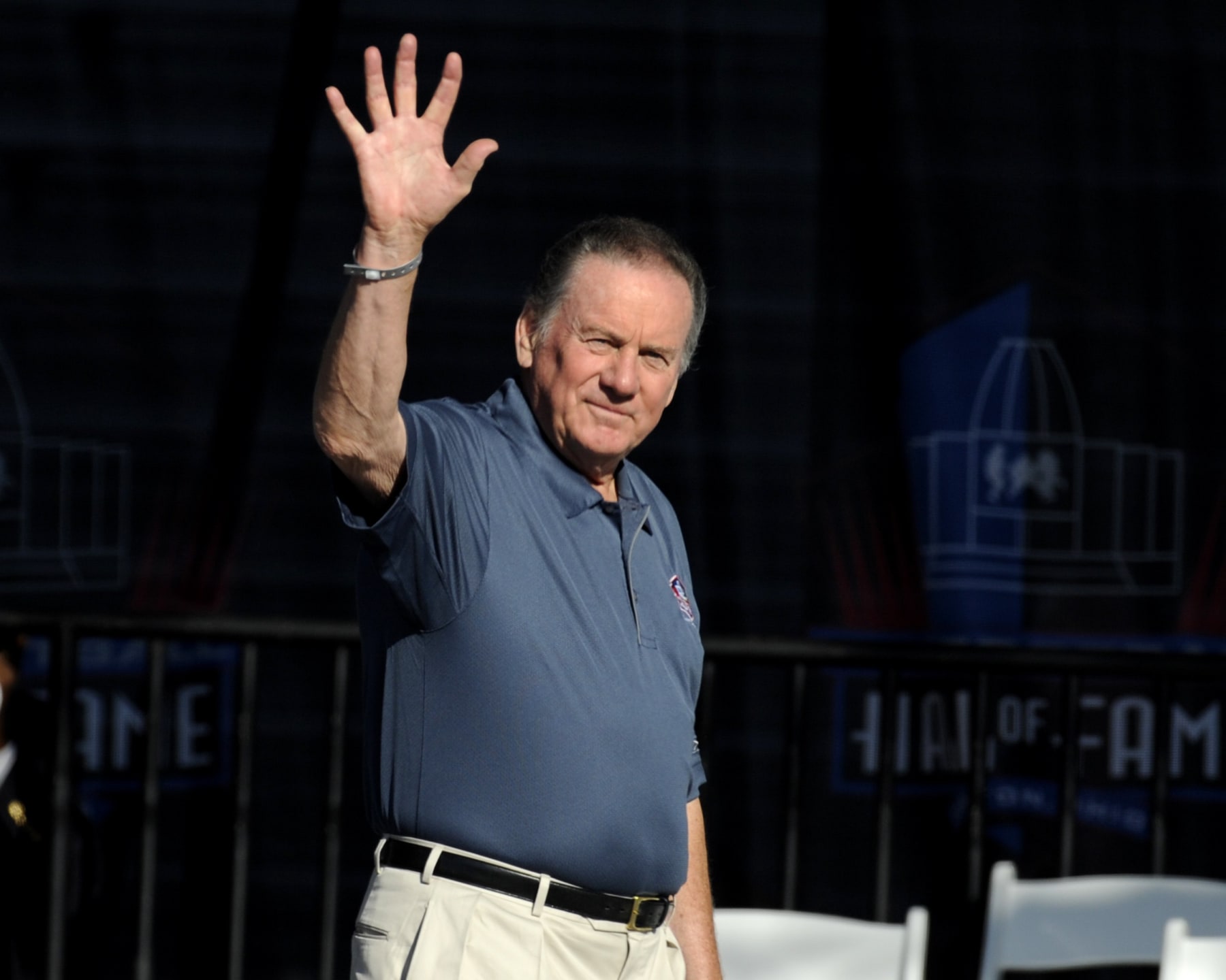 CANTON, OH - AUGUST 2: Len Dawson of the Kansas City Chiefs  greets fans before the Class of 2008 Pro Football Hall of Fame Enshrinement Ceremony at Fawcett Stadium on August 2, 2008 in Canton, Ohio.   (Photo by Al Messerschmidt/Getty Images) 