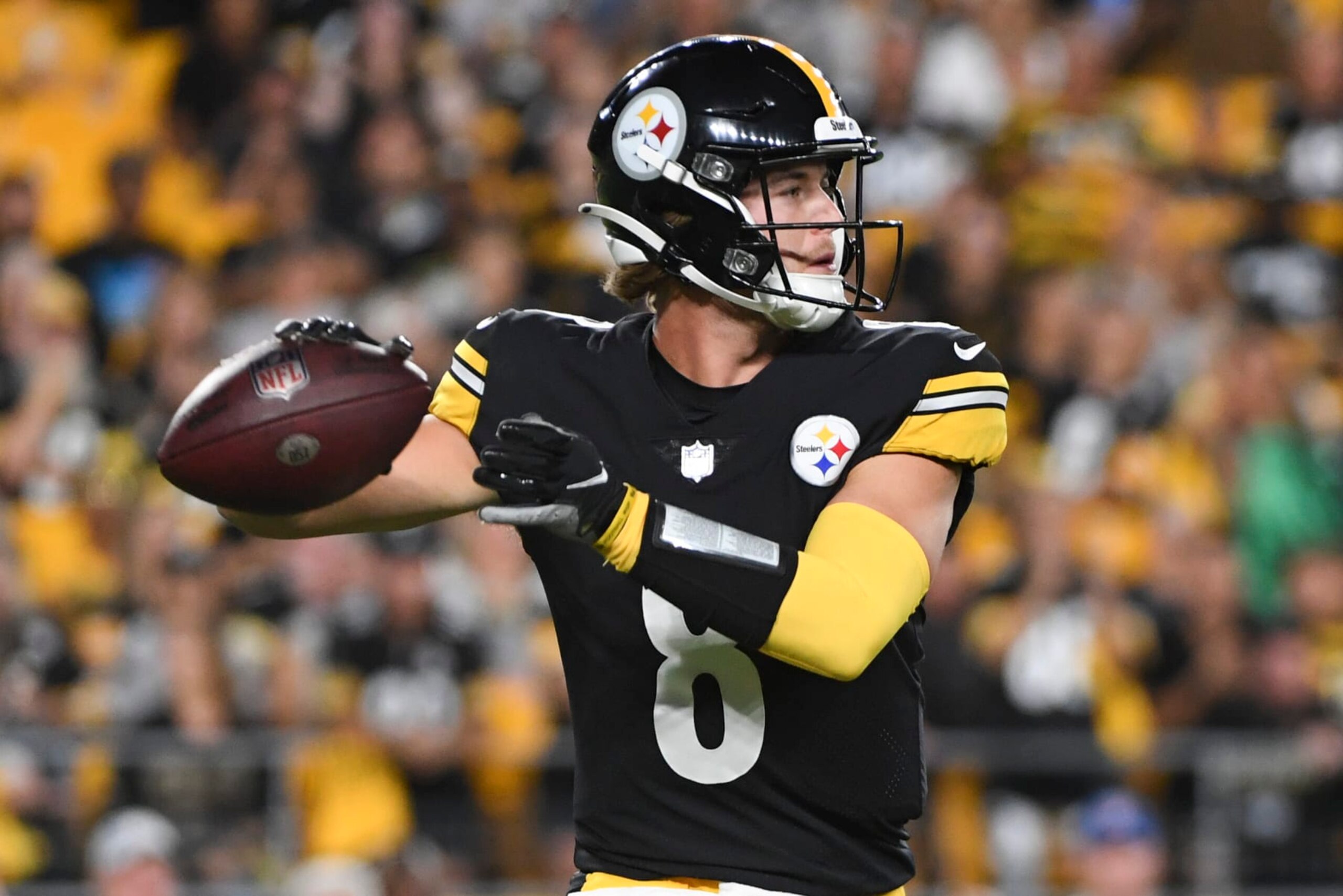 Pittsburgh Steelers quarterback Kenny Pickett looks to pass against the Seattle Seahawks during the second half of a preseason NFL football game, Saturday, Aug. 13, 2022, in Pittsburgh. (AP Photo/Barry Reeger)