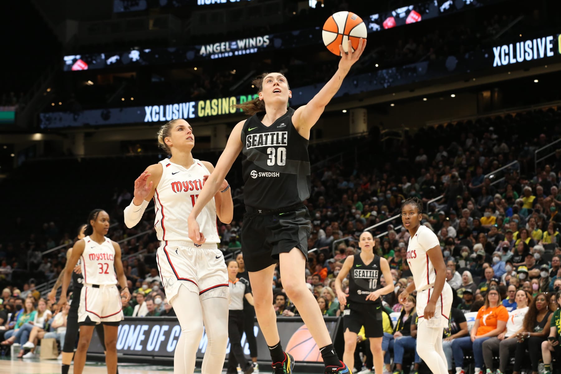 SEATTLE, WA - JUNE 23: Breanna Stewart #30 of the Seattle Storm shoots the ball during the game against the Washington Mystics on June 23, 2022 at the Climate Pledge Arena, in Seattle, Washington. NOTE TO USER: User expressly acknowledges and agrees that, by downloading and or using this photograph, User is consenting to the terms and conditions of the Getty Images License Agreement. Mandatory Copyright Notice: Copyright 2022 NBAE (Photo by Joshua Huston/NBAE via Getty Images)