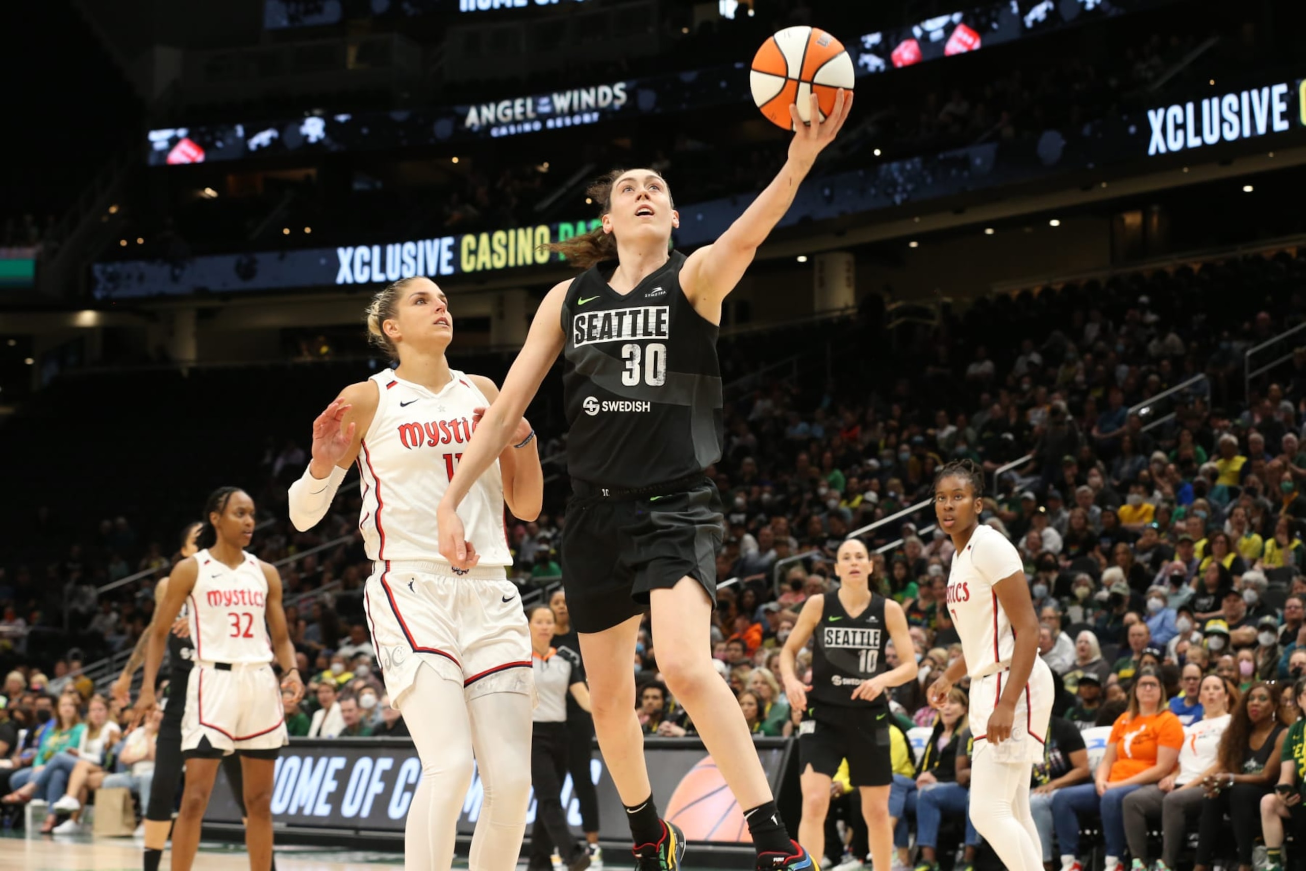 SEATTLE, WA - JUNE 23: Breanna Stewart #30 of the Seattle Storm shoots the ball during the game against the Washington Mystics on June 23, 2022 at the Climate Pledge Arena, in Seattle, Washington. NOTE TO USER: User expressly acknowledges and agrees that, by downloading and or using this photograph, User is consenting to the terms and conditions of the Getty Images License Agreement. Mandatory Copyright Notice: Copyright 2022 NBAE (Photo by Joshua Huston/NBAE via Getty Images) SEATTLE, WA - JUNE 23: Breanna Stewart #30 of the Seattle Storm shoots the ball during the game against the Washington Mystics on June 23, 2022 at the Climate Pledge Arena, in Seattle, Washington. NOTE TO USER: User expressly acknowledges and agrees that, by downloading and or using this photograph, User is consenting to the terms and conditions of the Getty Images License Agreement. Mandatory Copyright Notice: Copyright 2022 NBAE (Photo by Joshua Huston/NBAE via Getty Images)