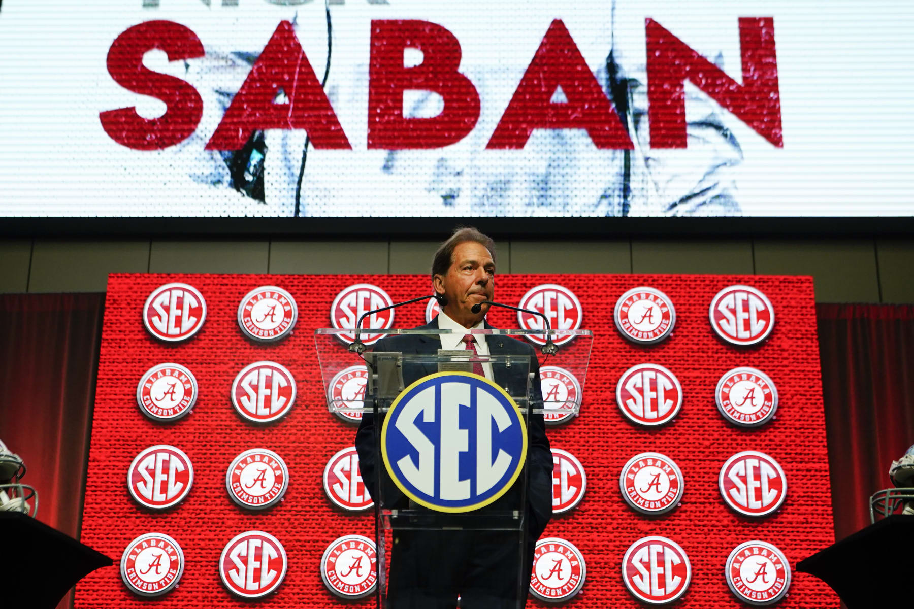Alabama head coach Nick Saban speaks during NCAA college football Southeastern Conference Media Days Tuesday, July 19, 2022, in Atlanta. (AP Photo/John Bazemore)