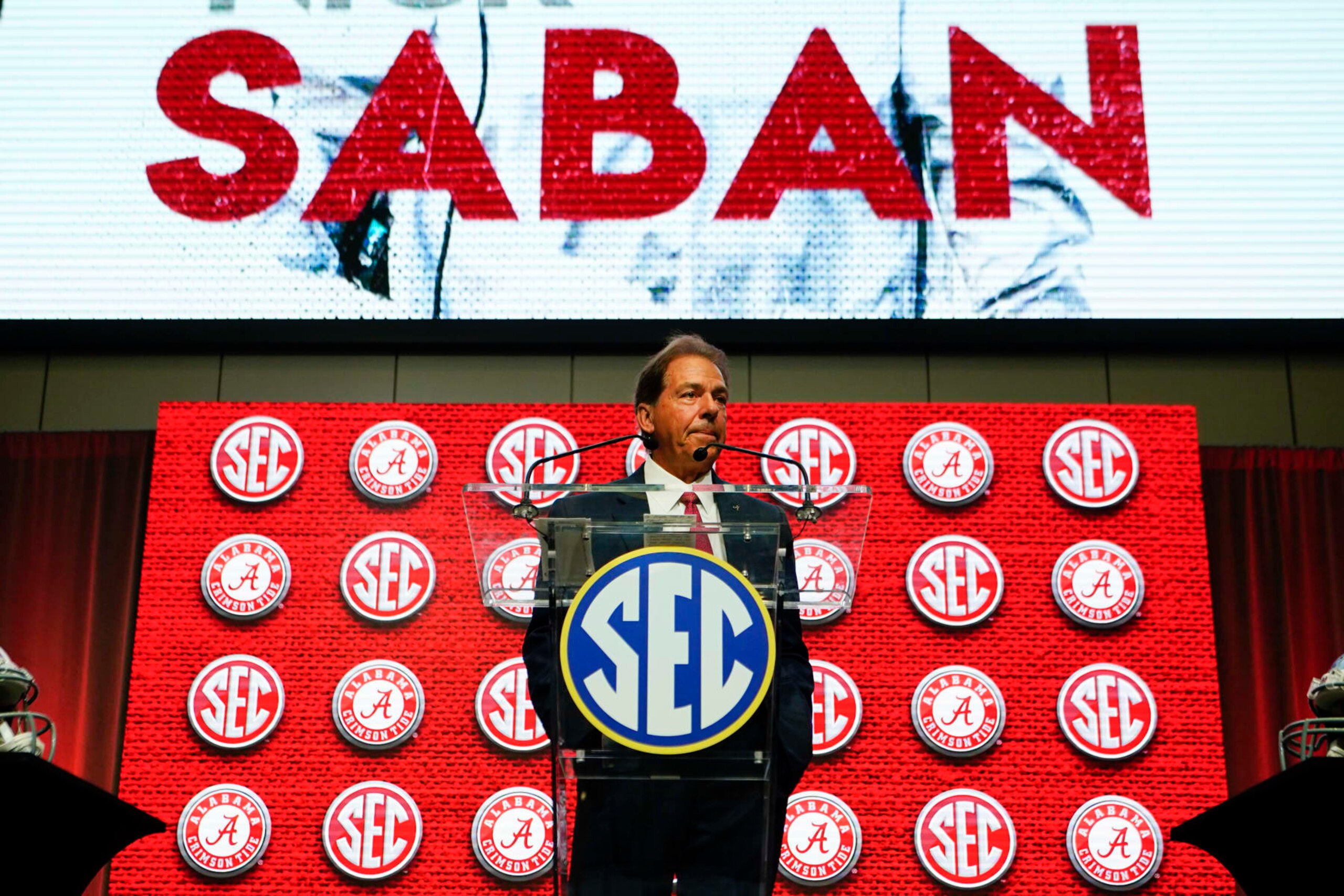 Alabama head coach Nick Saban speaks during NCAA college football Southeastern Conference Media Days Tuesday, July 19, 2022, in Atlanta. (AP Photo/John Bazemore) Alabama head coach Nick Saban speaks during NCAA college football Southeastern Conference Media Days Tuesday, July 19, 2022, in Atlanta. (AP Photo/John Bazemore)