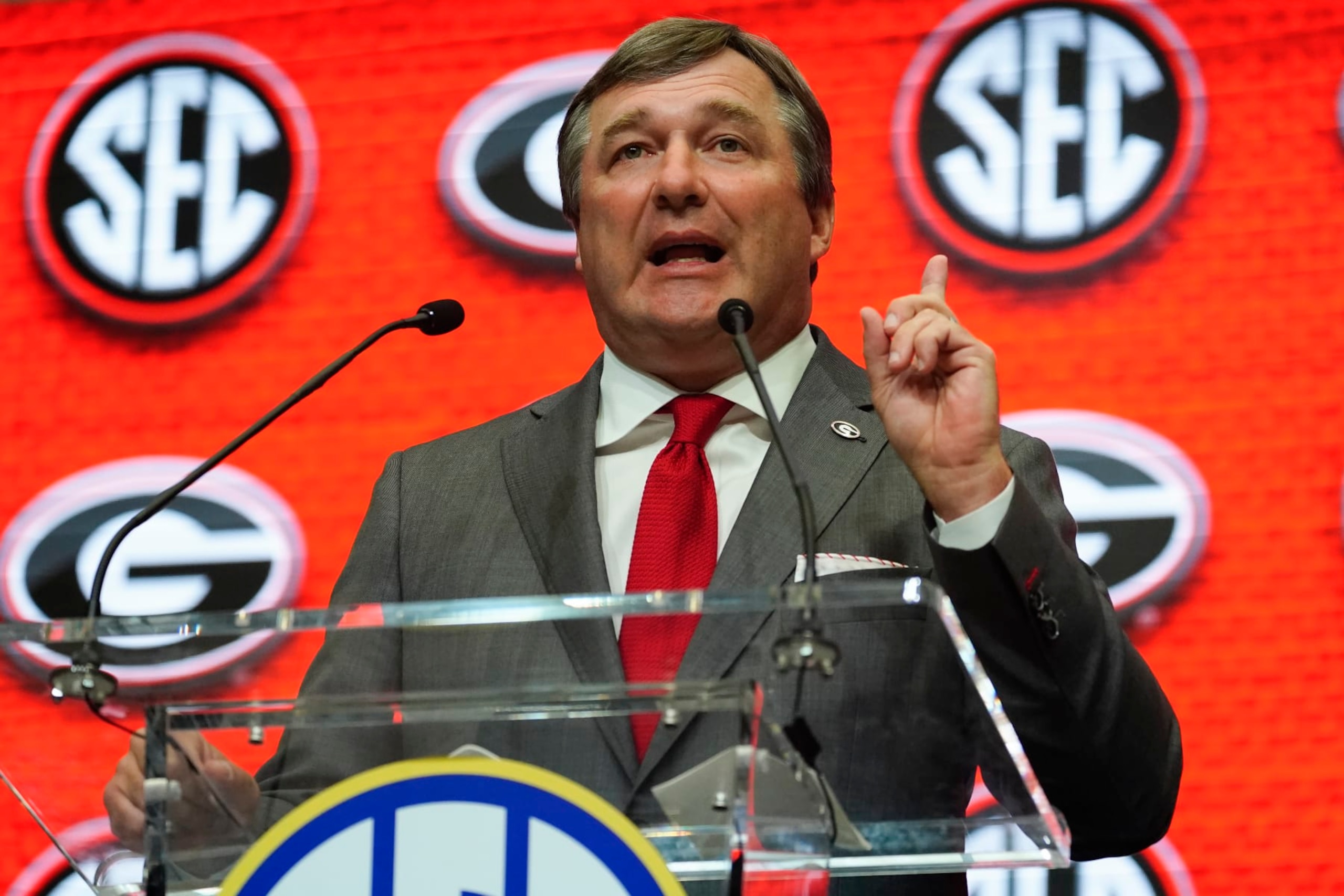 Georgia head coach Kirby Smart speaks during NCAA college football Southeastern Conference Media Days, Wednesday, July 20, 2022, in Atlanta. (AP Photo/John Bazemore) Georgia head coach Kirby Smart speaks during NCAA college football Southeastern Conference Media Days, Wednesday, July 20, 2022, in Atlanta. (AP Photo/John Bazemore)