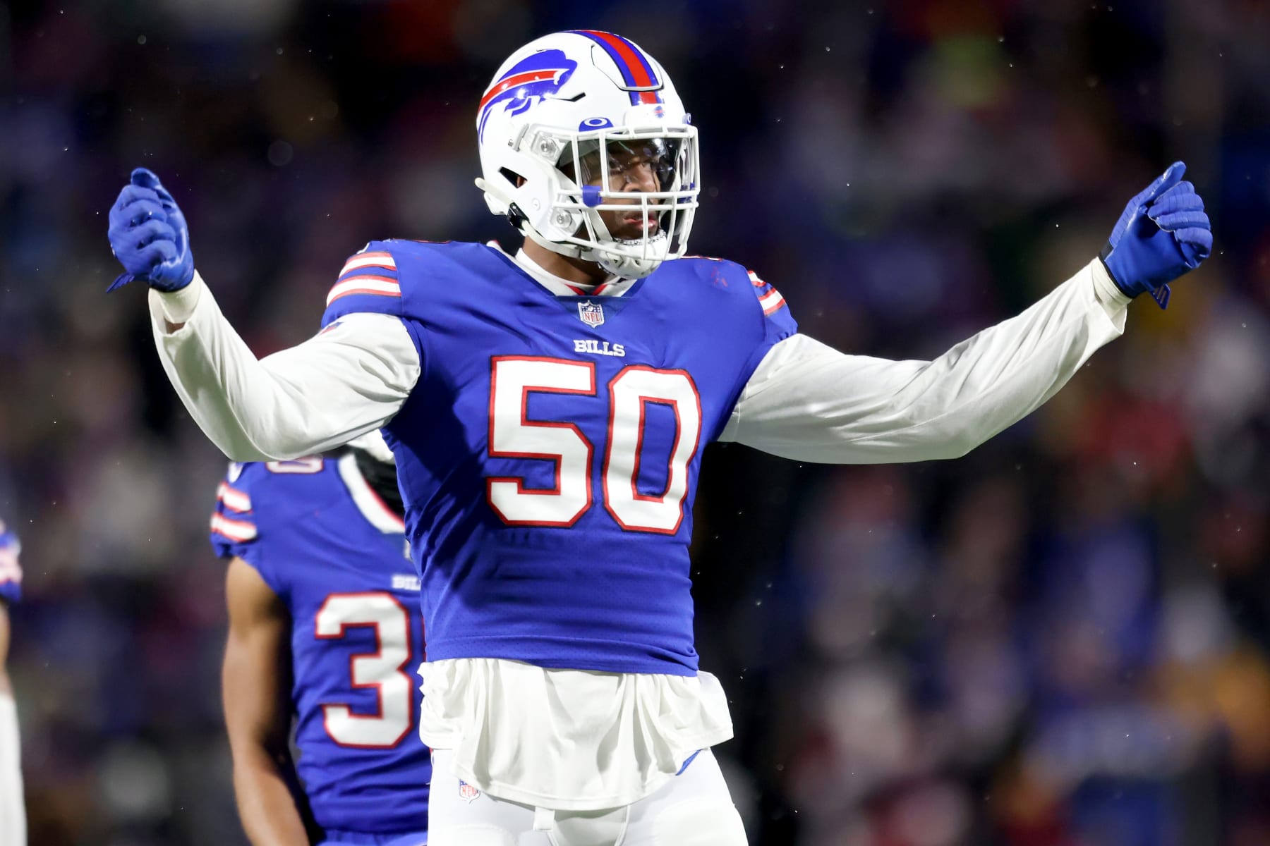 ORCHARD PARK, NEW YORK - DECEMBER 06: Greg Rousseau #50 of the Buffalo Bills reacts during the third quarter against the New England Patriots at Highmark Stadium on December 06, 2021 in Orchard Park, New York. (Photo by Bryan M. Bennett/Getty Images)