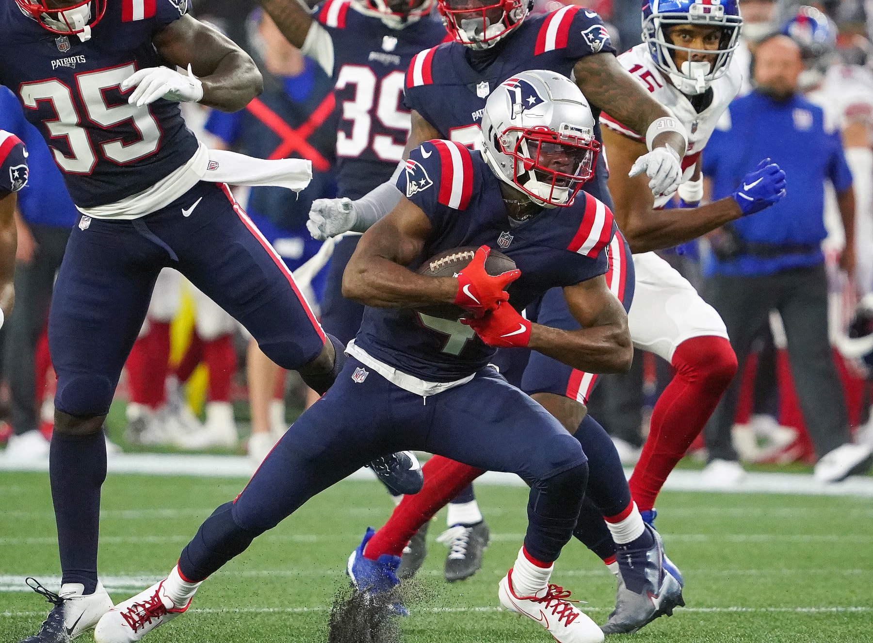 Foxborough, MA - August 11: New England Patriots cornerback Malcolm Butler runs back a fumble during the second quarter. The Patriots dropped their preseason opener to the New York Giants, 23-21. (Photo by Barry Chin/The Boston Globe via Getty Images)