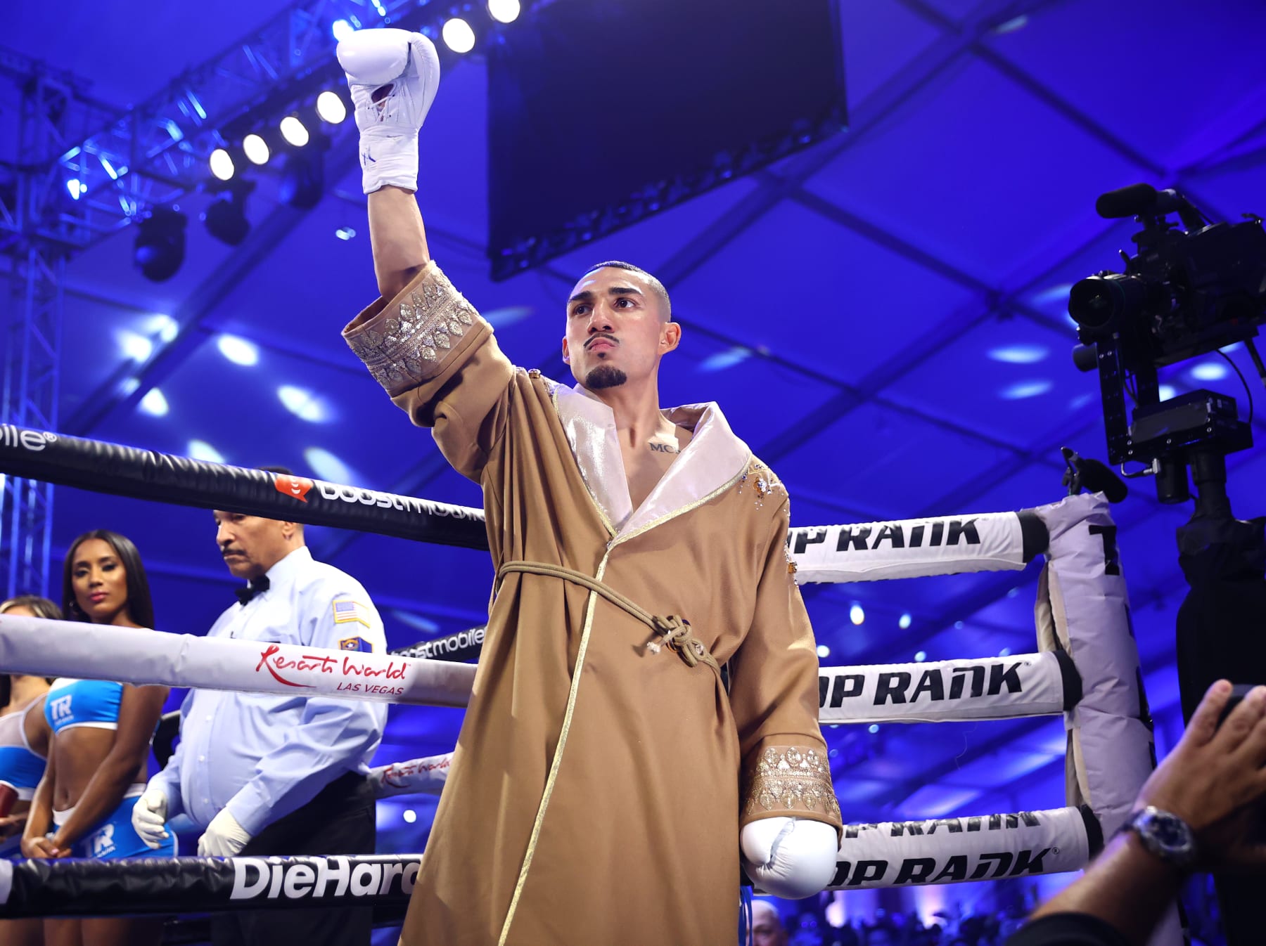LAS VEGAS, NEVADA - AUGUST 13: Teofimo Lopez walks to the ring before his NABF & WBO International junior welterweight fight with Pedro Campa, at Resorts World Las Vegas on August 13, 2022 in Las Vegas, Nevada. (Photo by Mikey Williams/Top Rank Inc via Getty Images)