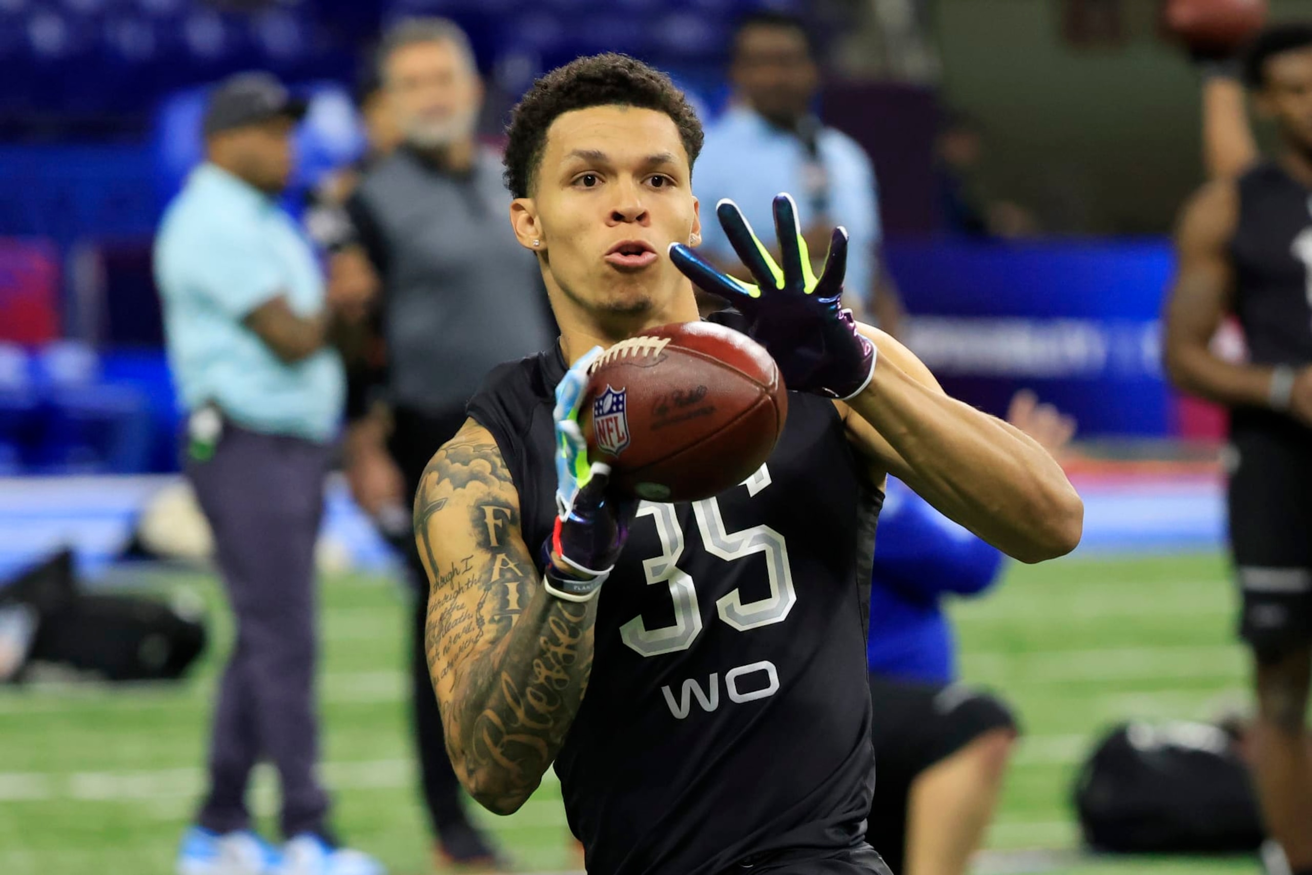 INDIANAPOLIS, INDIANA - MARCH 03: Christian Watson #WO35 of North Dakota State runs a drill during the NFL Combine at Lucas Oil Stadium on March 03, 2022 in Indianapolis, Indiana. (Photo by Justin Casterline/Getty Images)