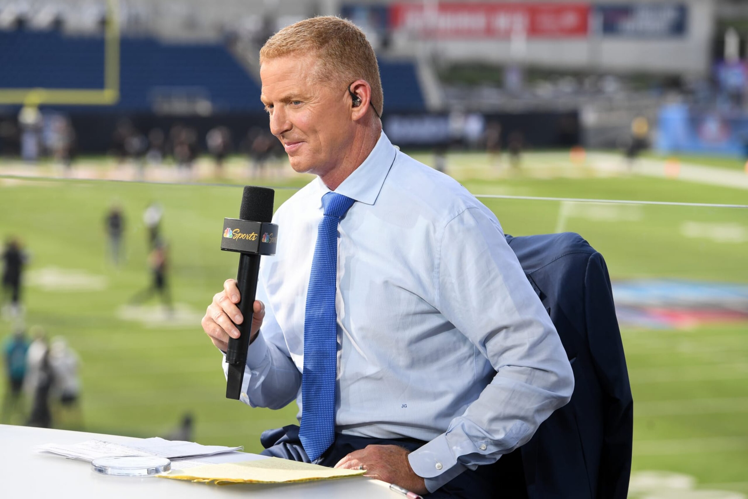 CANTON, OHIO - AUGUST 04: NBC Sports analyst Jason Garrett looks on prior to the 2022 Pro Hall of Fame Game between the Jacksonville Jaguars and the Las Vegas Raiders at Tom Benson Hall of Fame Stadium on August 04, 2022 in Canton, Ohio. (Photo by Nick Cammett/Getty Images)