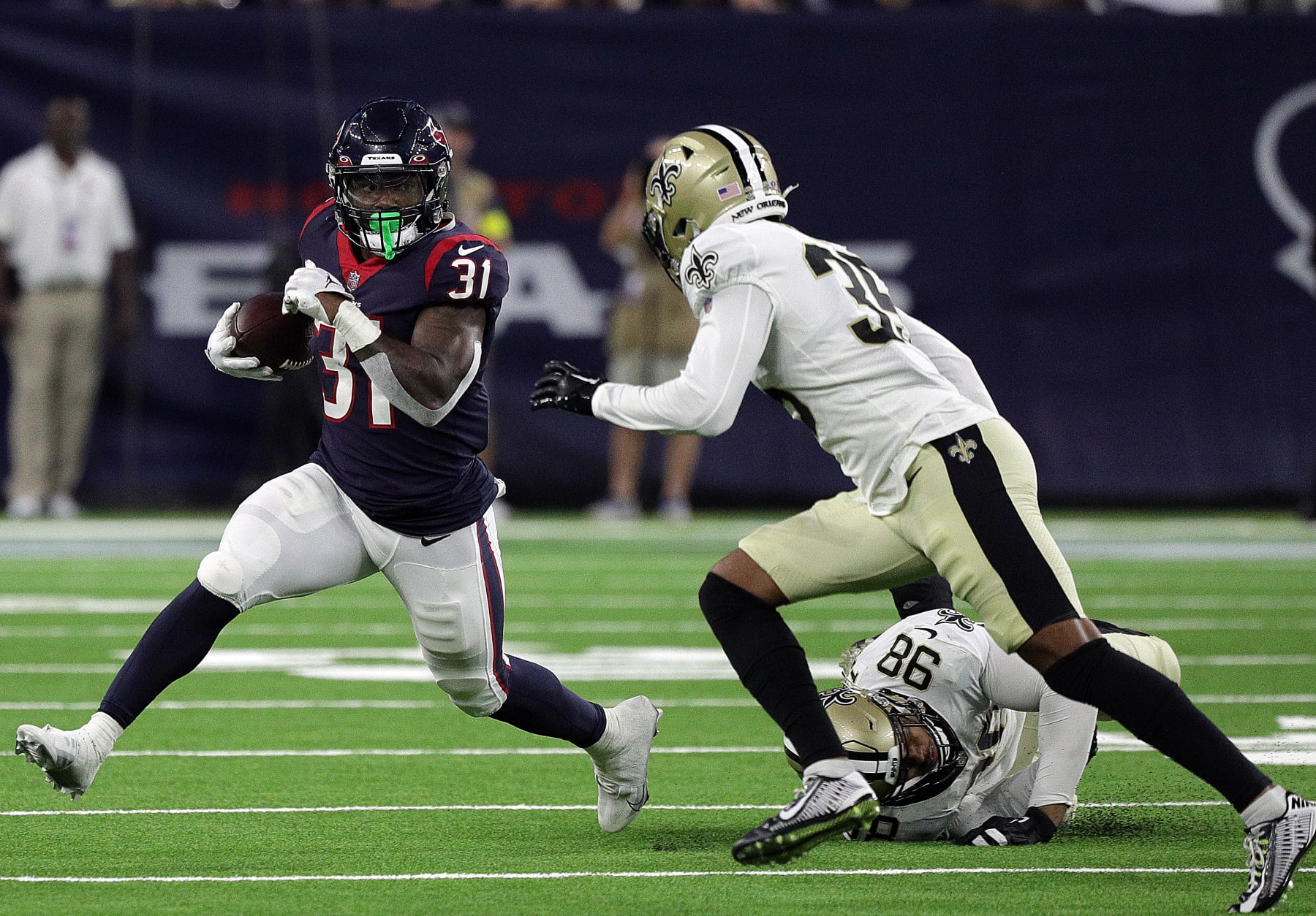 HOUSTON, TEXAS - AUGUST 13: Dameon Pierce #31 of the Houston Texans rushes in the second quarter against the New Orleans Saints during a preseason game at NRG Stadium on August 13, 2022 in Houston, Texas. (Photo by Bob Levey/Getty Images)