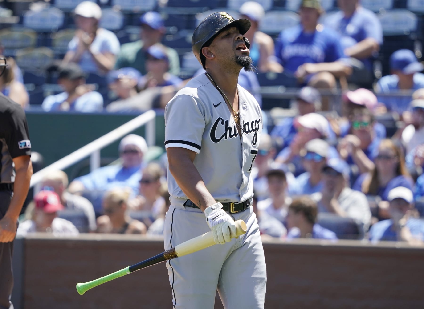 KANSAS CITY, MISSOURI - AUGUST 11:  Jose Abreu #79 of the Chicago White Sox walks to the dugout after striking out in the third inning against the Kansas City Royals at Kauffman Stadium on August 11, 2022 in Kansas City, Missouri. (Photo by Ed Zurga/Getty Images)