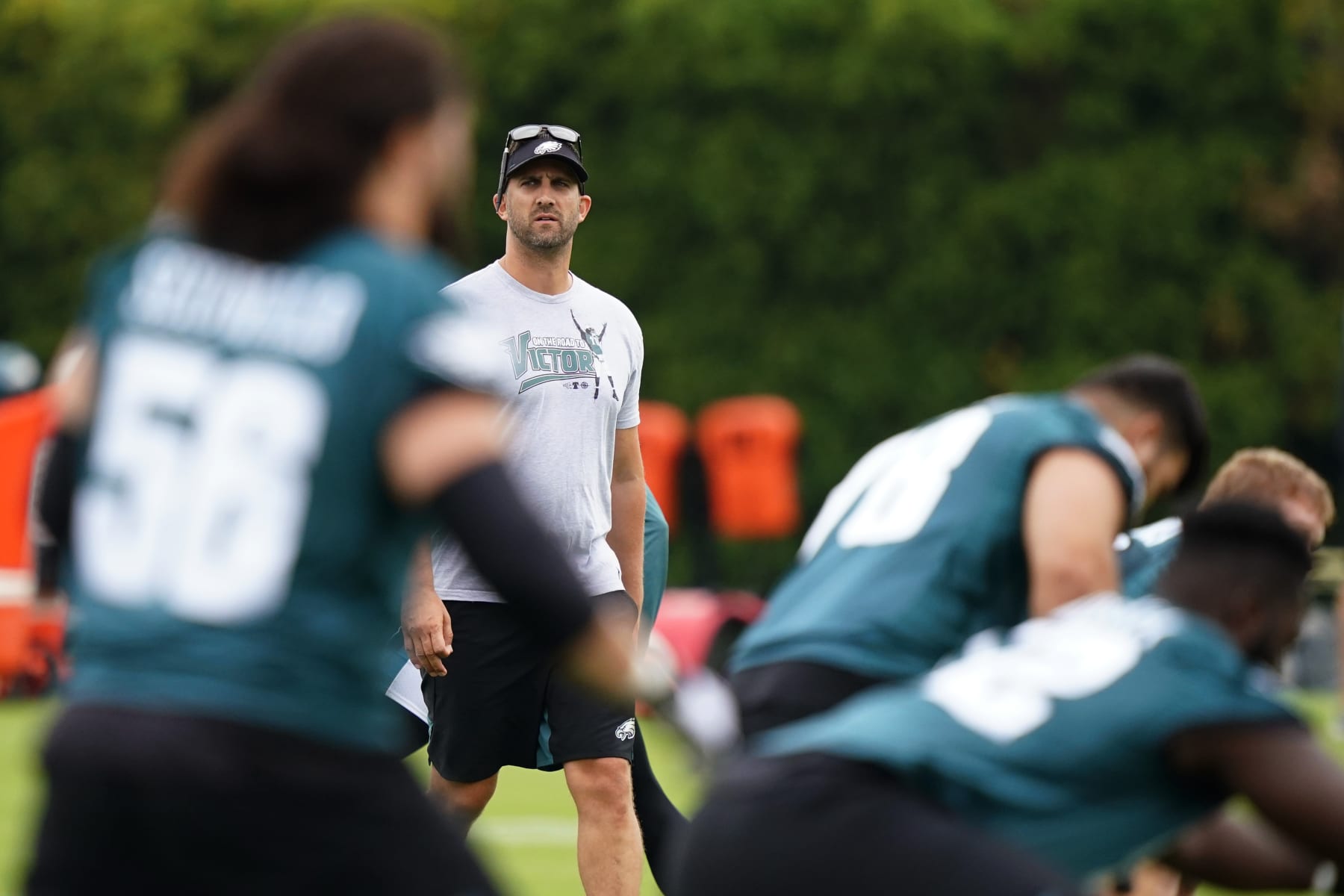Philadelphia Eagles head coach Nick Sirianni walks the field during training camp at the NFL football team's practice facility, Friday, July 29, 2022, in Philadelphia. (AP Photo/Matt Slocum)