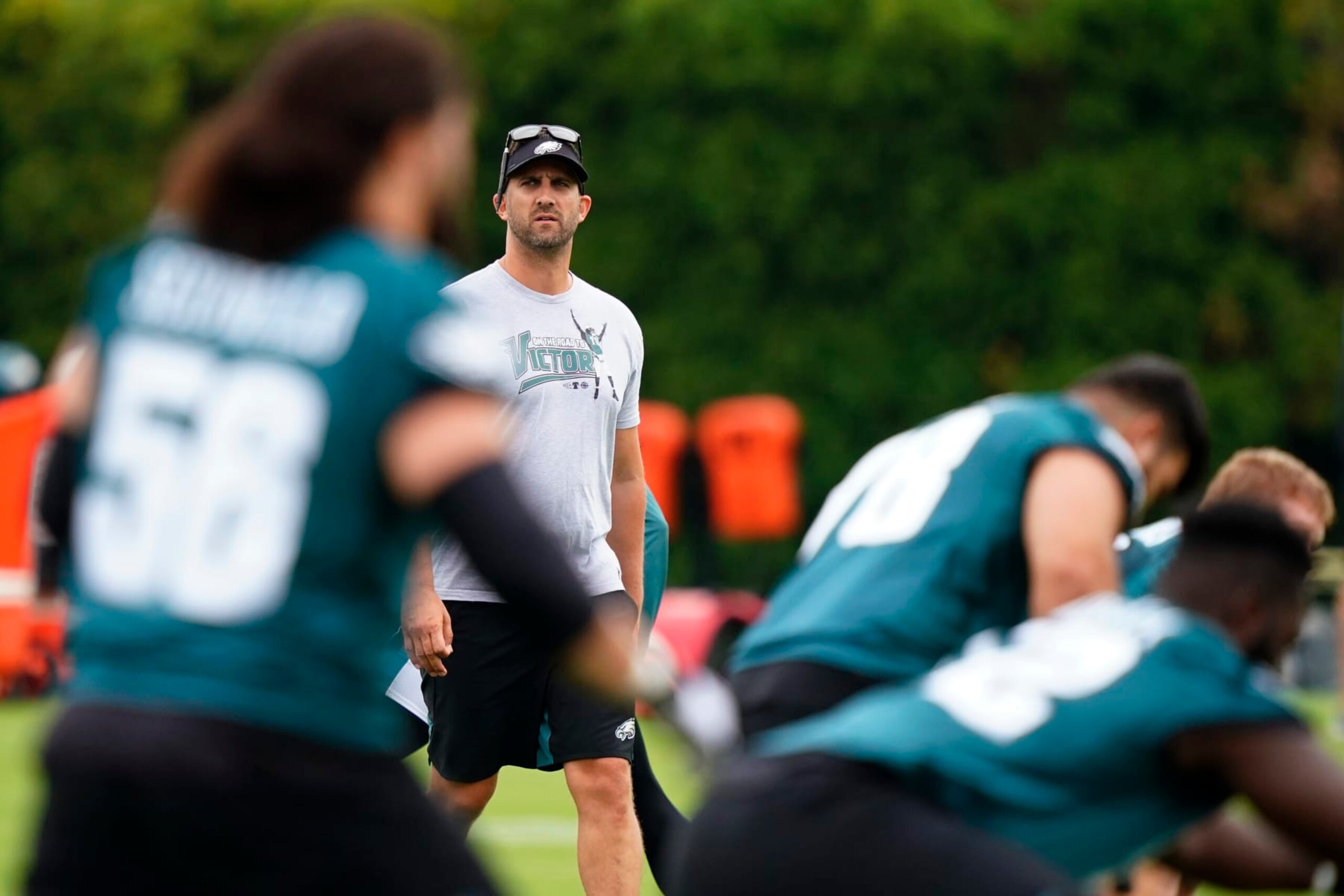 Philadelphia Eagles head coach Nick Sirianni walks the field during training camp at the NFL football team's practice facility, Friday, July 29, 2022, in Philadelphia. (AP Photo/Matt Slocum)