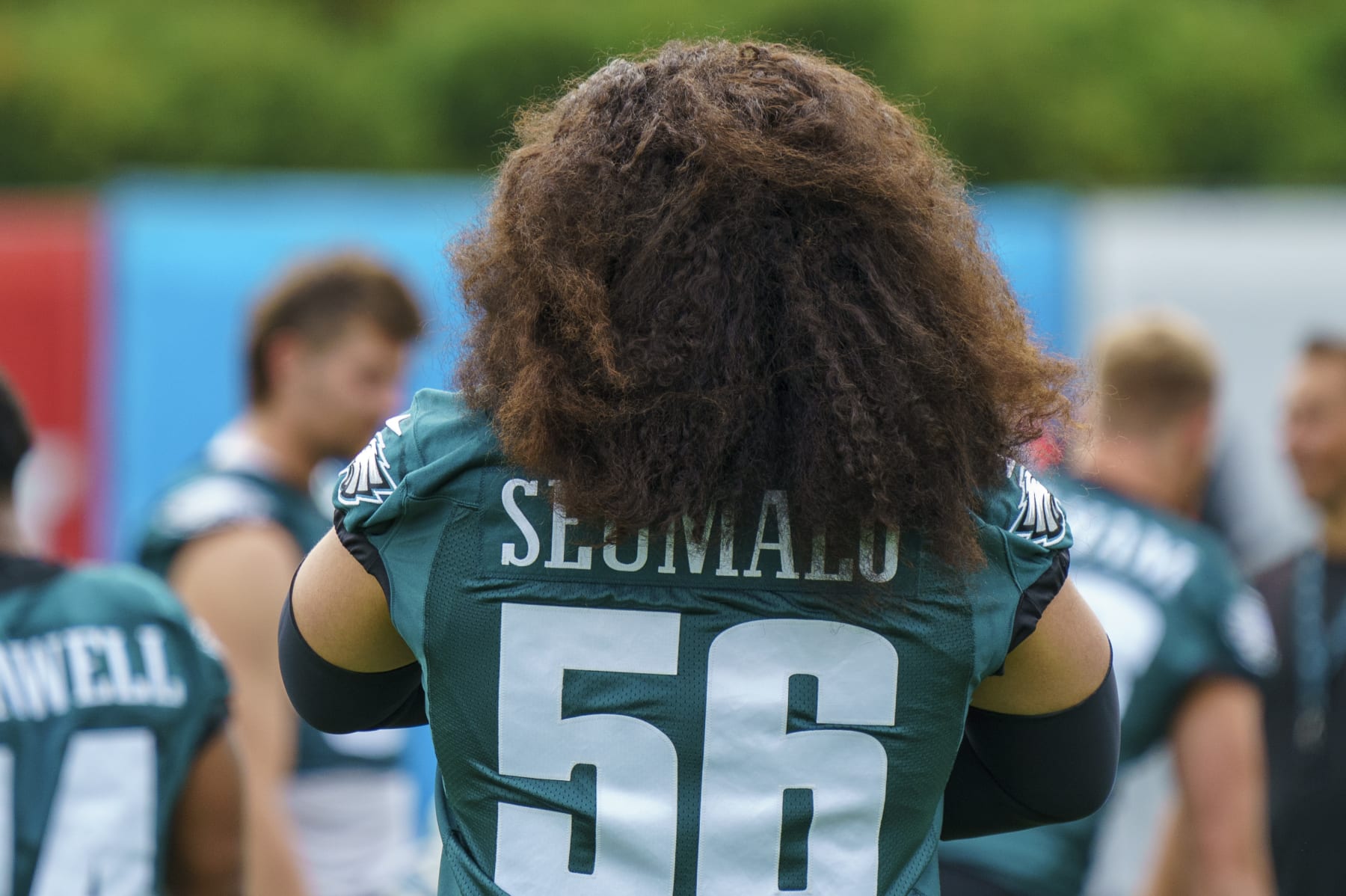 Philadelphia Eagles' Isaac Seumalo in action during practice at NFL football team's training camp, Wednesday, July 27, 2022, in Philadelphia. (AP Photo/Chris Szagola)