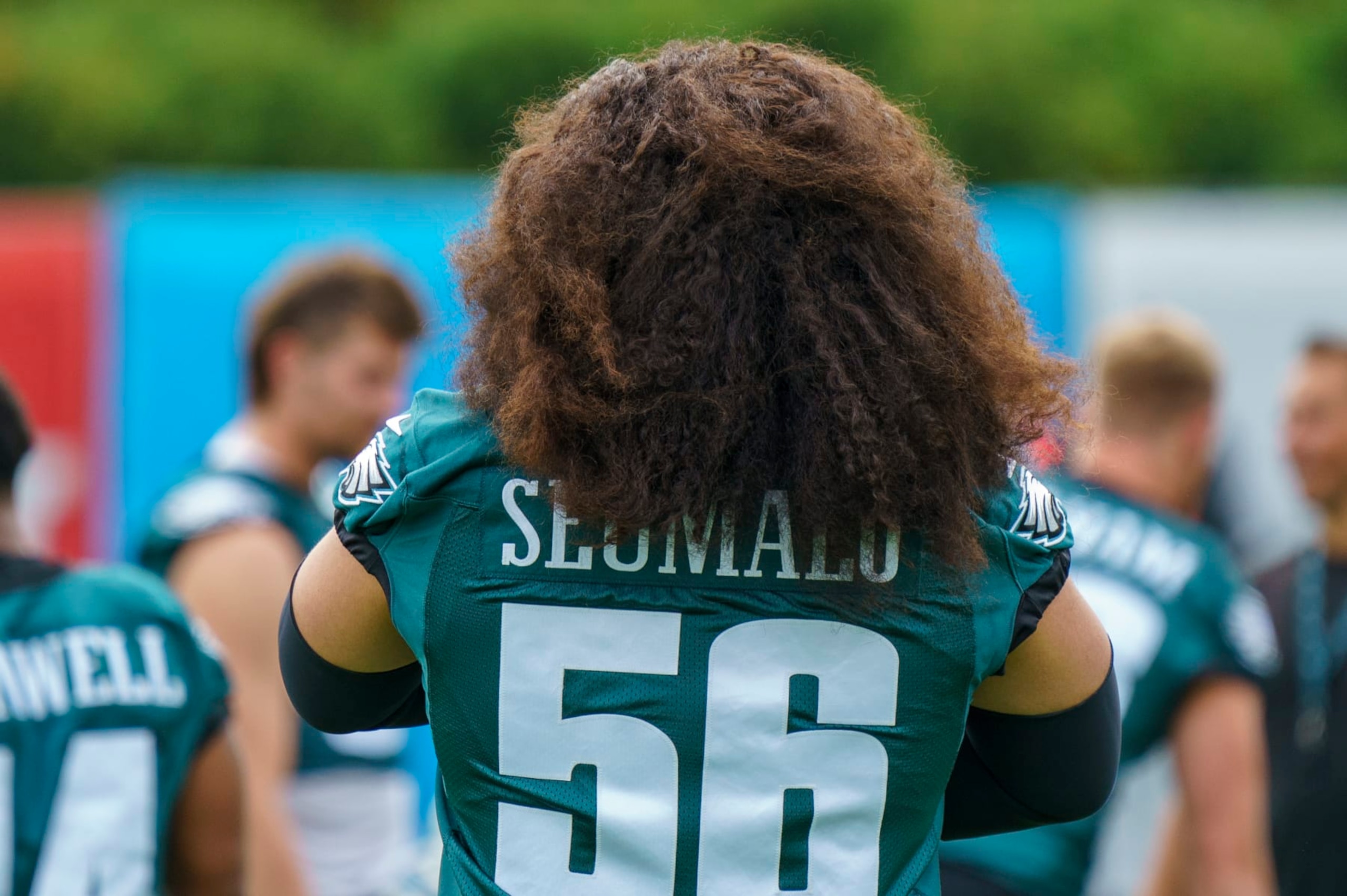 Philadelphia Eagles' Isaac Seumalo in action during practice at NFL football team's training camp, Wednesday, July 27, 2022, in Philadelphia. (AP Photo/Chris Szagola)