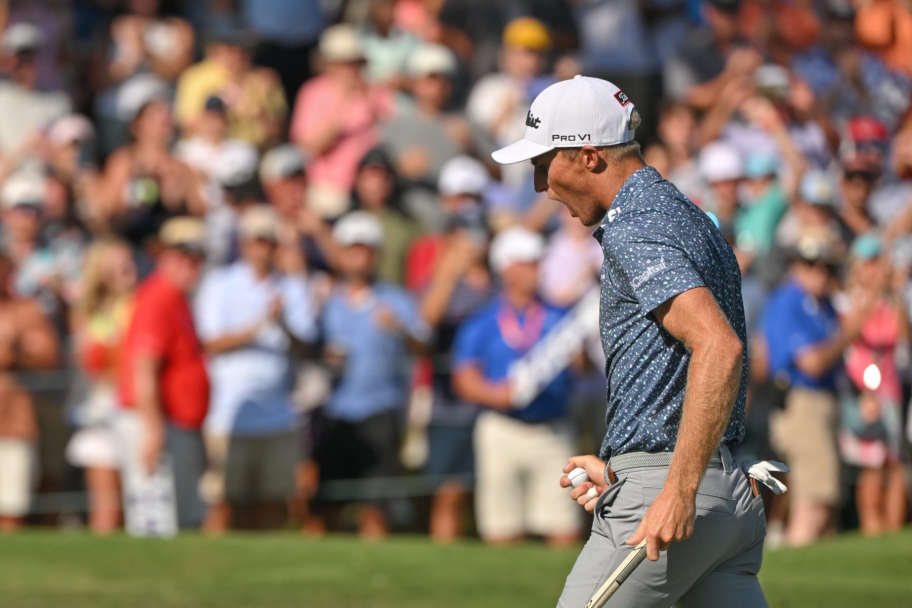 MEMPHIS, TENNESSEE - AUGUST 14: Will Zalatoris celebrates after making a putt on the 18th green during the final round of the FedEx St. Jude Championship at TPC Southwind on August 14, 2022 in Memphis, Tennessee. (Photo by Ben Jared/PGA TOUR via Getty Images)