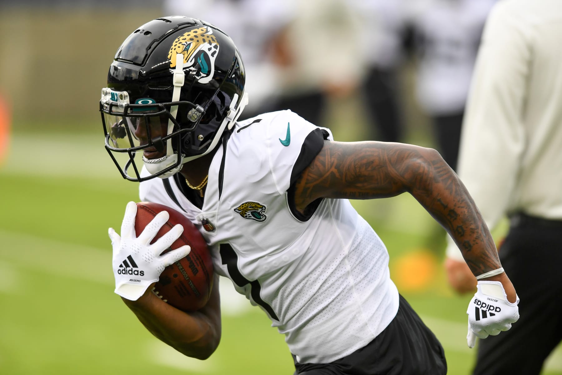 CANTON, OH - AUGUST 04: Travis Etienne Jr. #1 of the Jacksonville Jaguars warms up prior to the 2022 Pro Football Hall of Fame Game against the Las Vegas Raiders at Tom Benson Hall of Fame Stadium on August 04, 2022 in Canton, Ohio. (Photo by Nick Cammett/Diamond Images via Getty Images)