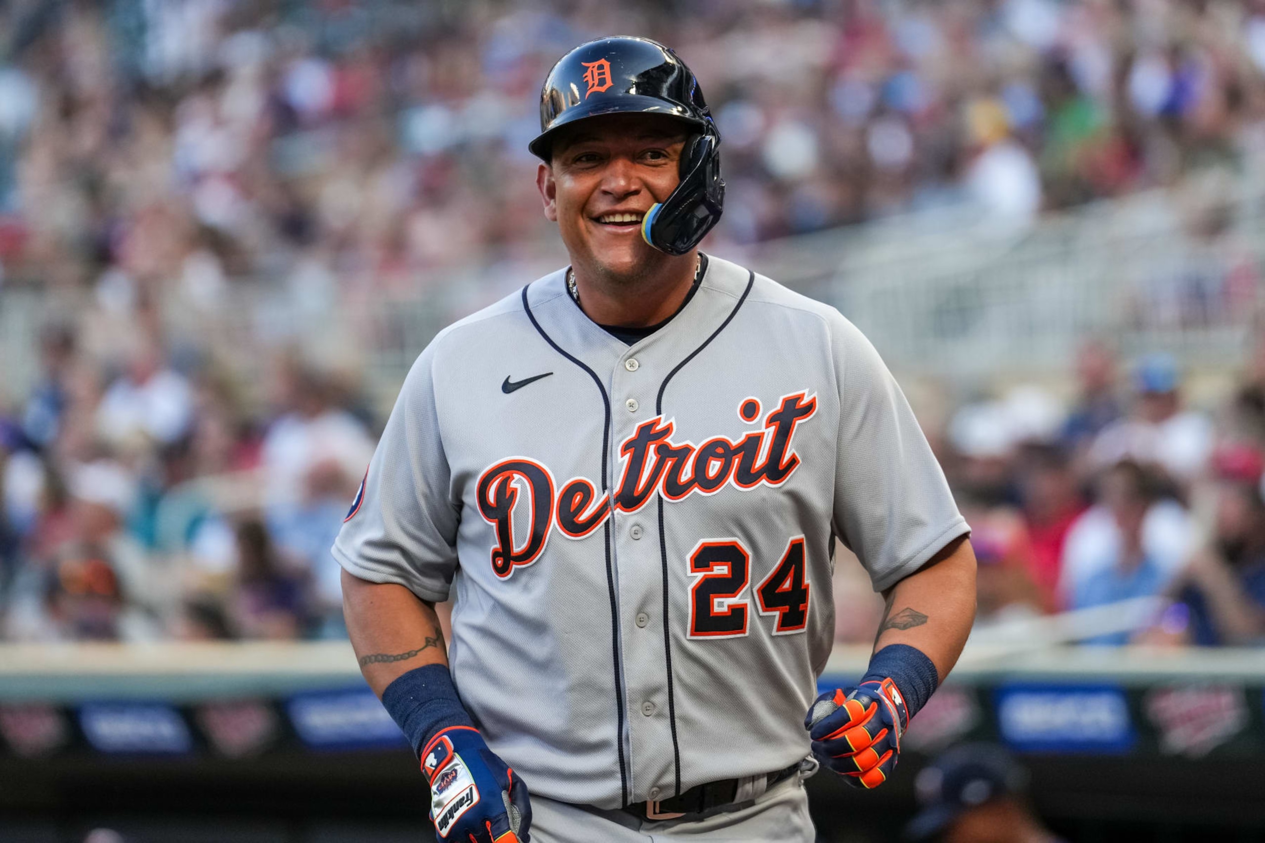 MINNEAPOLIS, MN - AUGUST 01: Miguel Cabrera #24 of the Detroit Tigers looks on and smiles against the Minnesota Twins on August 1, 2022 at Target Field in Minneapolis, Minnesota. (Photo by Brace Hemmelgarn/Minnesota Twins/Getty Images) MINNEAPOLIS, MN - AUGUST 01: Miguel Cabrera #24 of the Detroit Tigers looks on and smiles against the Minnesota Twins on August 1, 2022 at Target Field in Minneapolis, Minnesota. (Photo by Brace Hemmelgarn/Minnesota Twins/Getty Images)