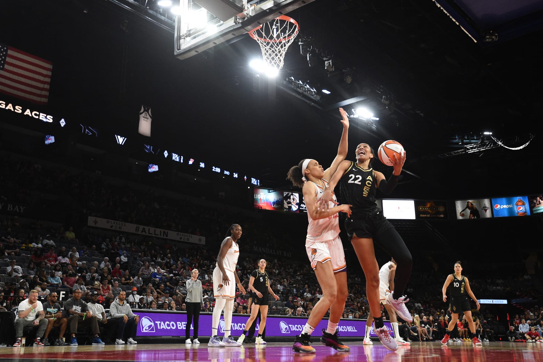 LAS VEGAS, NV - MAY 21: A'ja Wilson #22 of the Las Vegas Aces shoots the ball during the game against the Phoenix Mercury on May 21, 2022 at  Michelob ULTRA Arena in Las Vegas, Nevada. NOTE TO USER: User expressly acknowledges and agrees that, by downloading and or using this photograph, User is consenting to the terms and conditions of the Getty Images License Agreement. Mandatory Copyright Notice: Copyright 2022 NBAE (Photo by David Becker/NBAE via Getty Images)