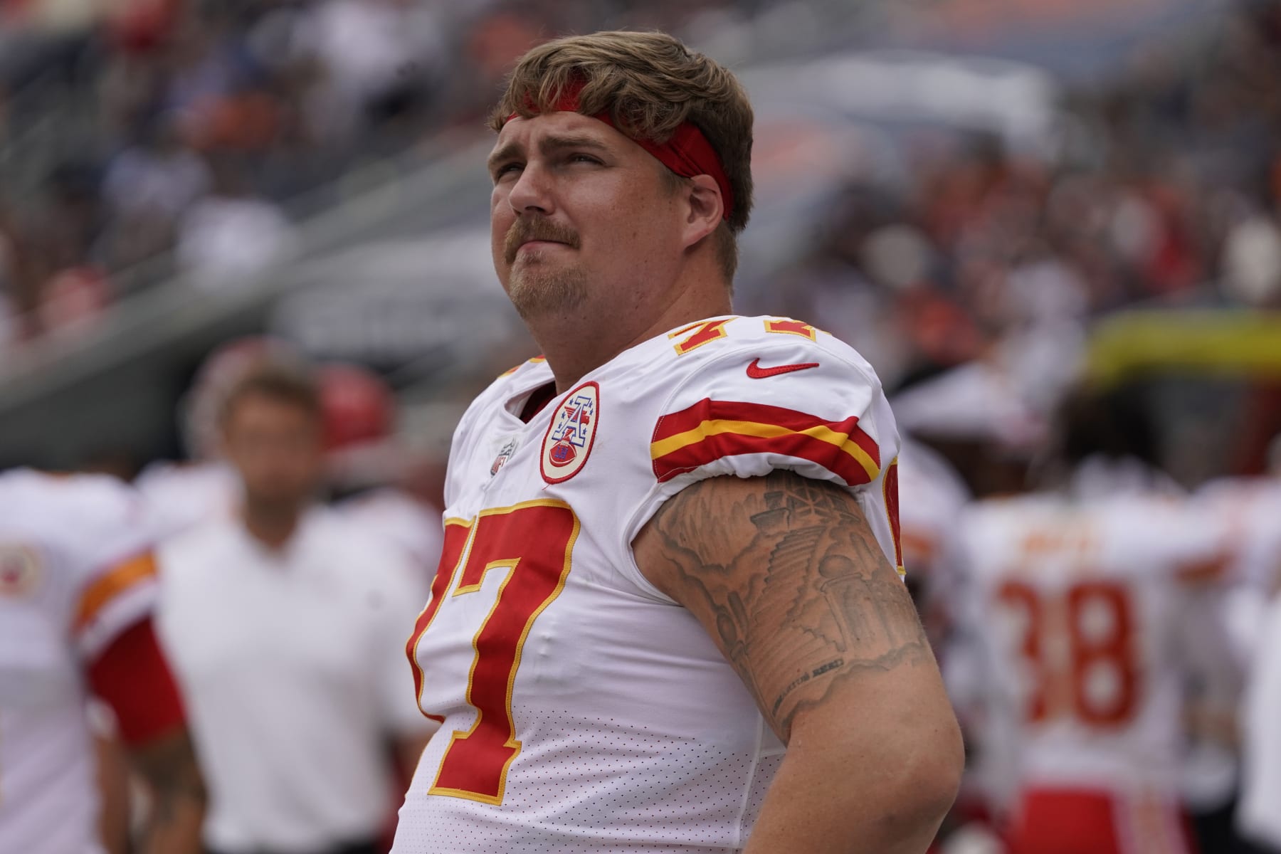 Kansas City Chiefs guard Andrew Wylie (77) during a preseason NFL football game, Saturday, Aug.13, 2022, in Chicago. (AP Photo/David Banks)