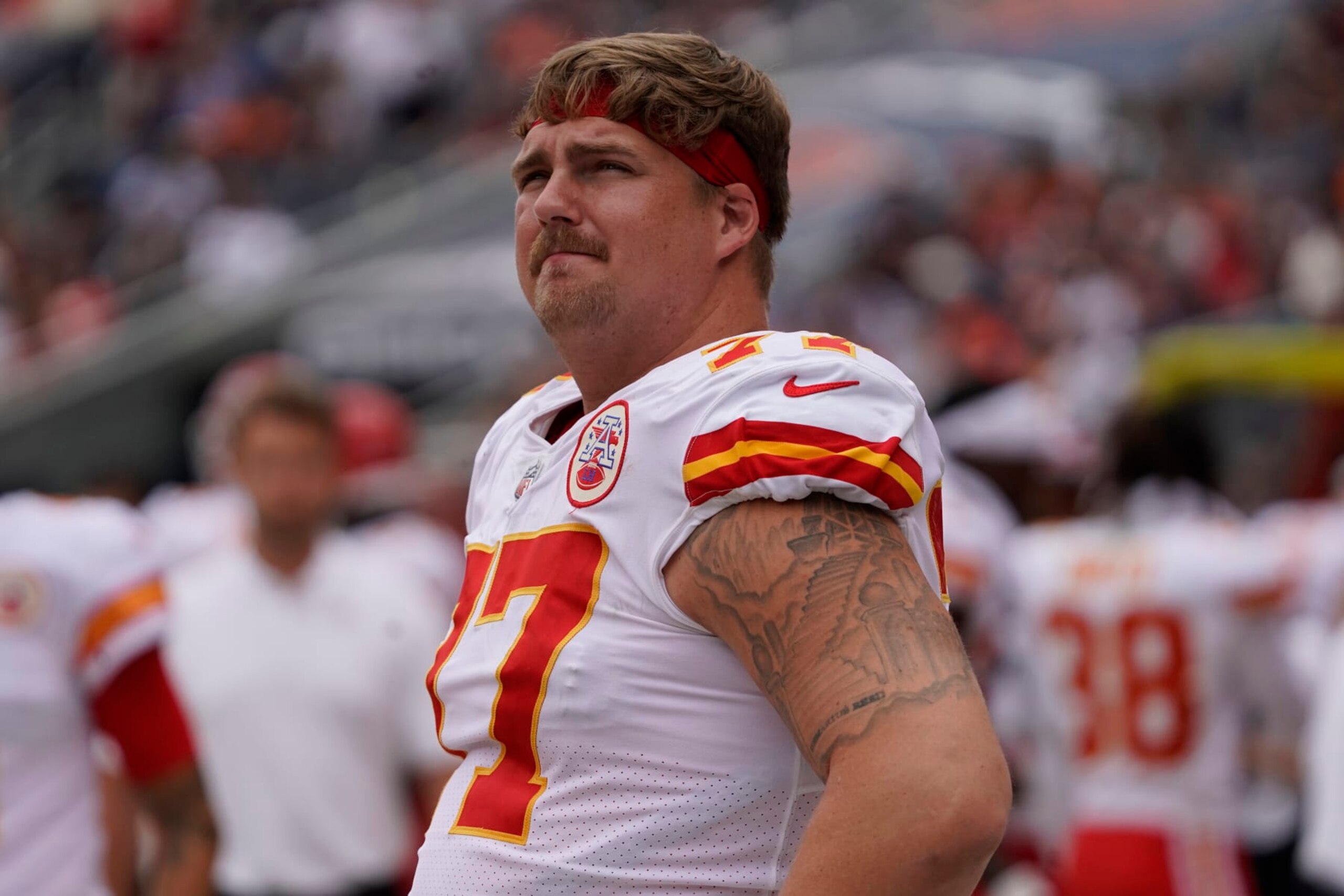Kansas City Chiefs guard Andrew Wylie (77) during a preseason NFL football game, Saturday, Aug.13, 2022, in Chicago. (AP Photo/David Banks) Kansas City Chiefs guard Andrew Wylie (77) during a preseason NFL football game, Saturday, Aug.13, 2022, in Chicago. (AP Photo/David Banks)