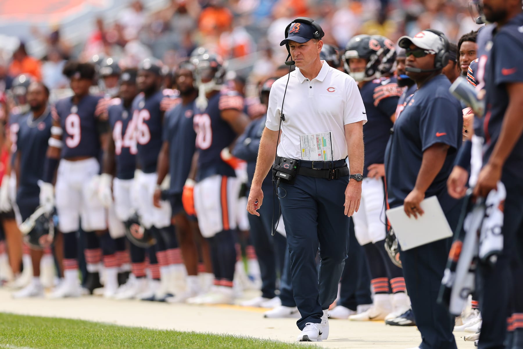 CHICAGO, ILLINOIS - AUGUST 13: Head coach Matt Eberflus of the Chicago Bears looks on against the Kansas City Chiefs during the first half of the preseason game at Soldier Field on August 13, 2022 in Chicago, Illinois. (Photo by Michael Reaves/Getty Images)