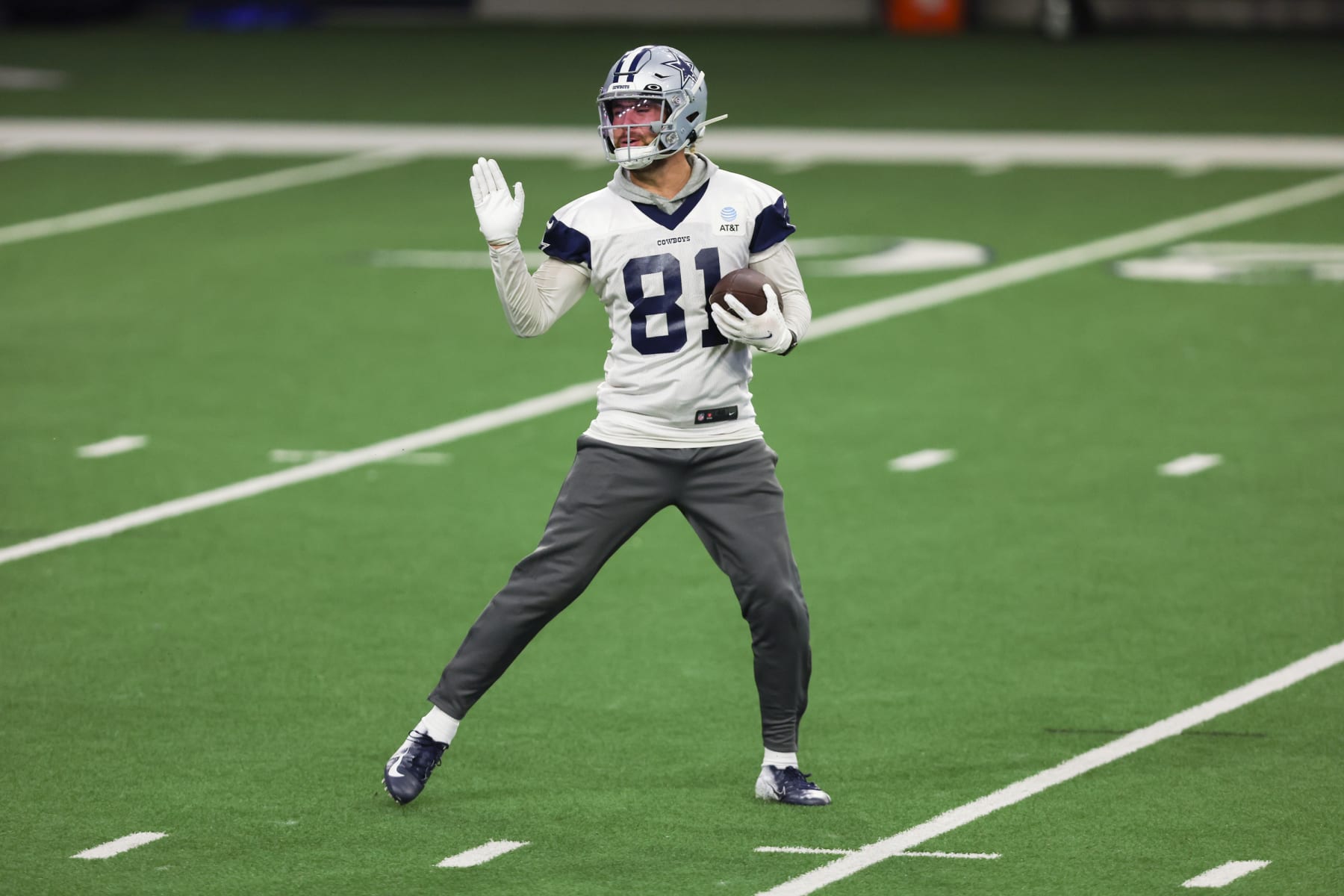 FRISCO, TX - JUNE 02: Dallas Cowboys wide receiver Simi Fehoko (81) makes a catch during the Dallas Cowboys OTA Offseason Workouts on June 2, 2022 at The Star in Frisco, TX. (Photo by George Walker/Icon Sportswire via Getty Images)