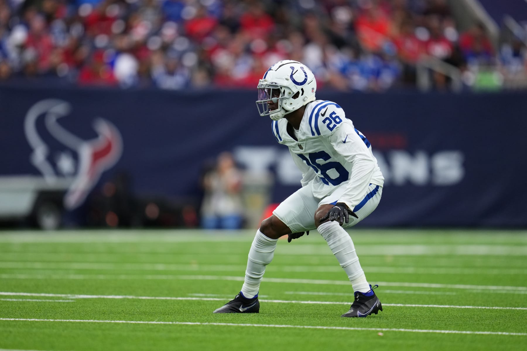 HOUSTON, TEXAS - DECEMBER 05: Rock Ya-Sin #26 of the Indianapolis Colts defends against the Houston Texans during an NFL game at NRG Stadium on December 05, 2021 in Houston, Texas. (Photo by Cooper Neill/Getty Images)