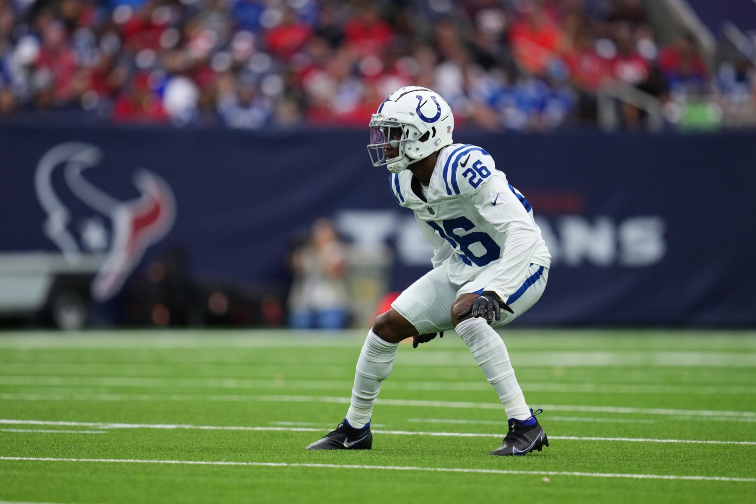 HOUSTON, TEXAS - DECEMBER 05: Rock Ya-Sin #26 of the Indianapolis Colts defends against the Houston Texans during an NFL game at NRG Stadium on December 05, 2021 in Houston, Texas. (Photo by Cooper Neill/Getty Images) HOUSTON, TEXAS - DECEMBER 05: Rock Ya-Sin #26 of the Indianapolis Colts defends against the Houston Texans during an NFL game at NRG Stadium on December 05, 2021 in Houston, Texas. (Photo by Cooper Neill/Getty Images)