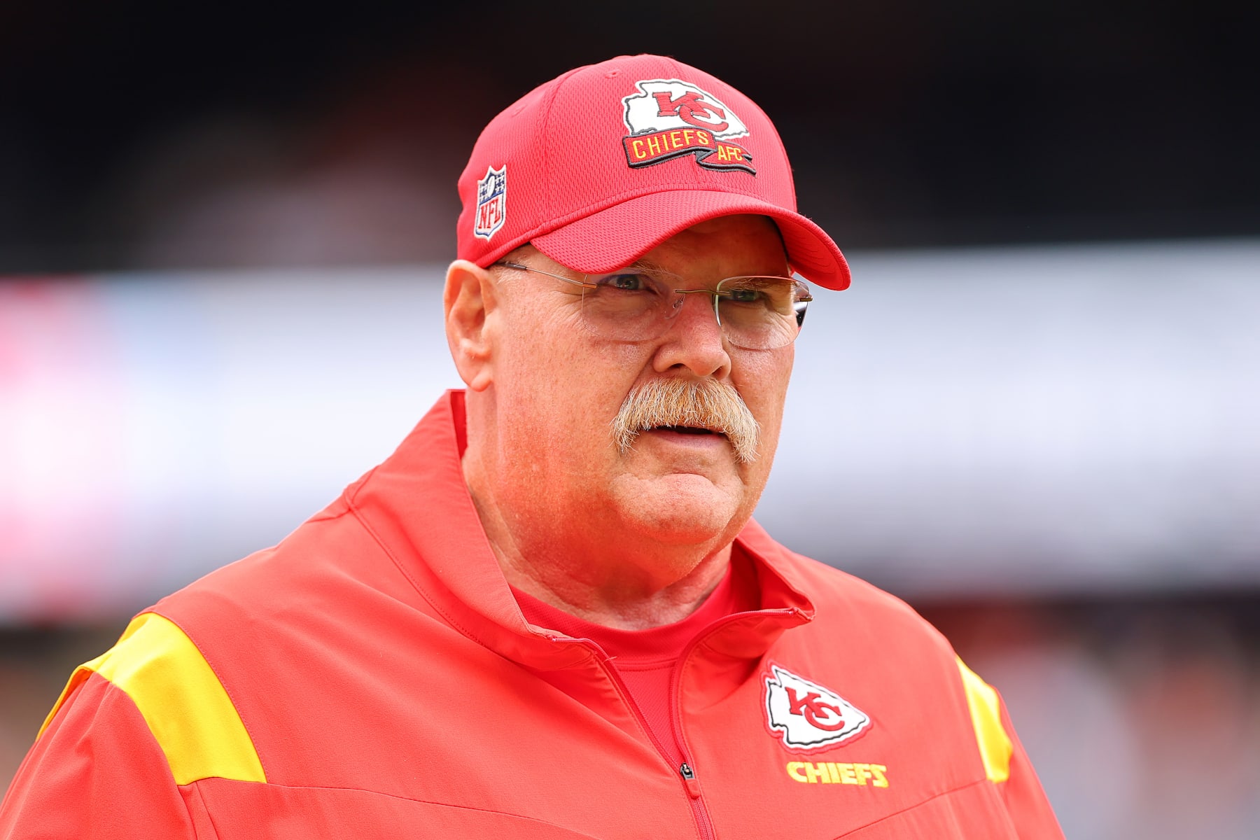 CHICAGO, ILLINOIS - AUGUST 13: Head coach Andy Reid of the Kansas City Chiefs looks on prior to a preseason game against the Chicago Bears at Soldier Field on August 13, 2022 in Chicago, Illinois. (Photo by Michael Reaves/Getty Images)