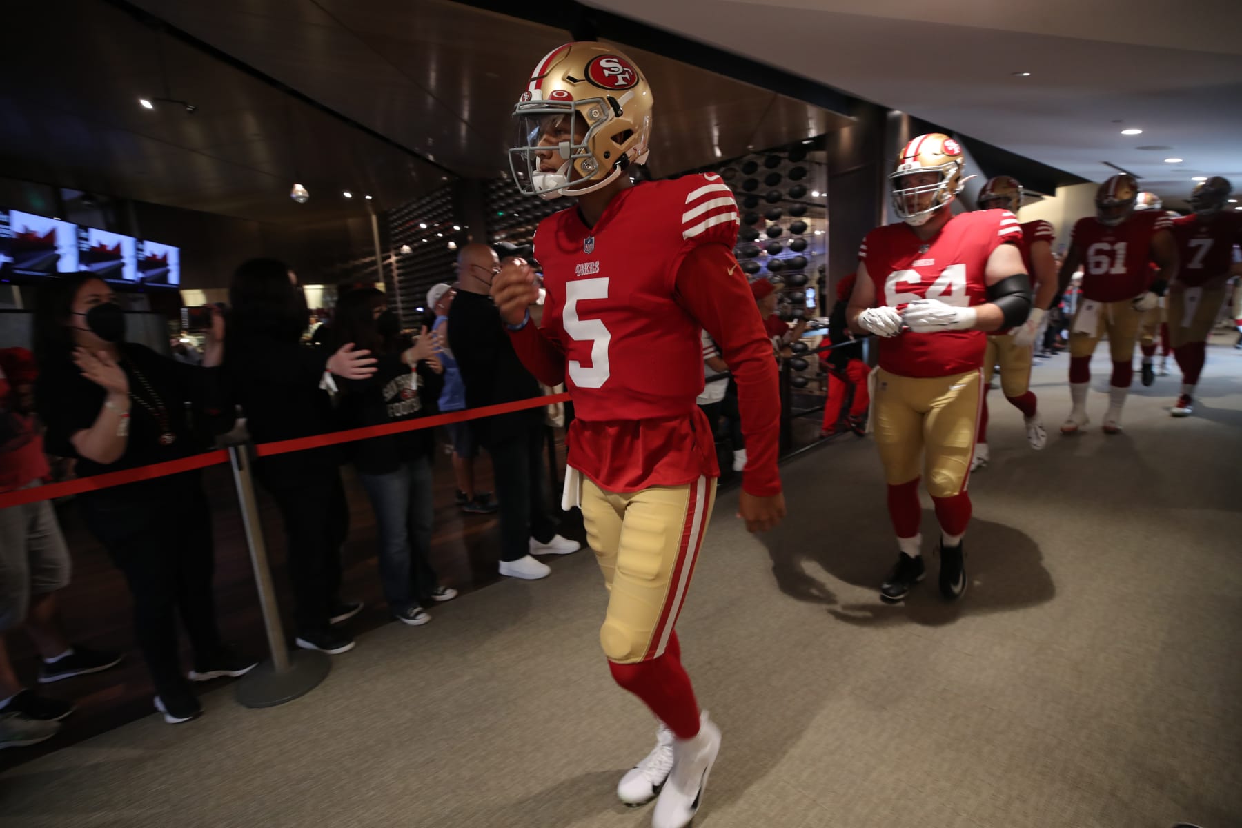 SANTA CLARA, CA - AUGUST 12: Trey Lance #5 of the San Francisco 49ers heads to the field before the game against the Green Bay Packers at Levi's Stadium on August 12, 2022 in Santa Clara, California. The 49ers defeated the Packers 28-21. (Photo by Michael Zagaris/San Francisco 49ers/Getty Images)