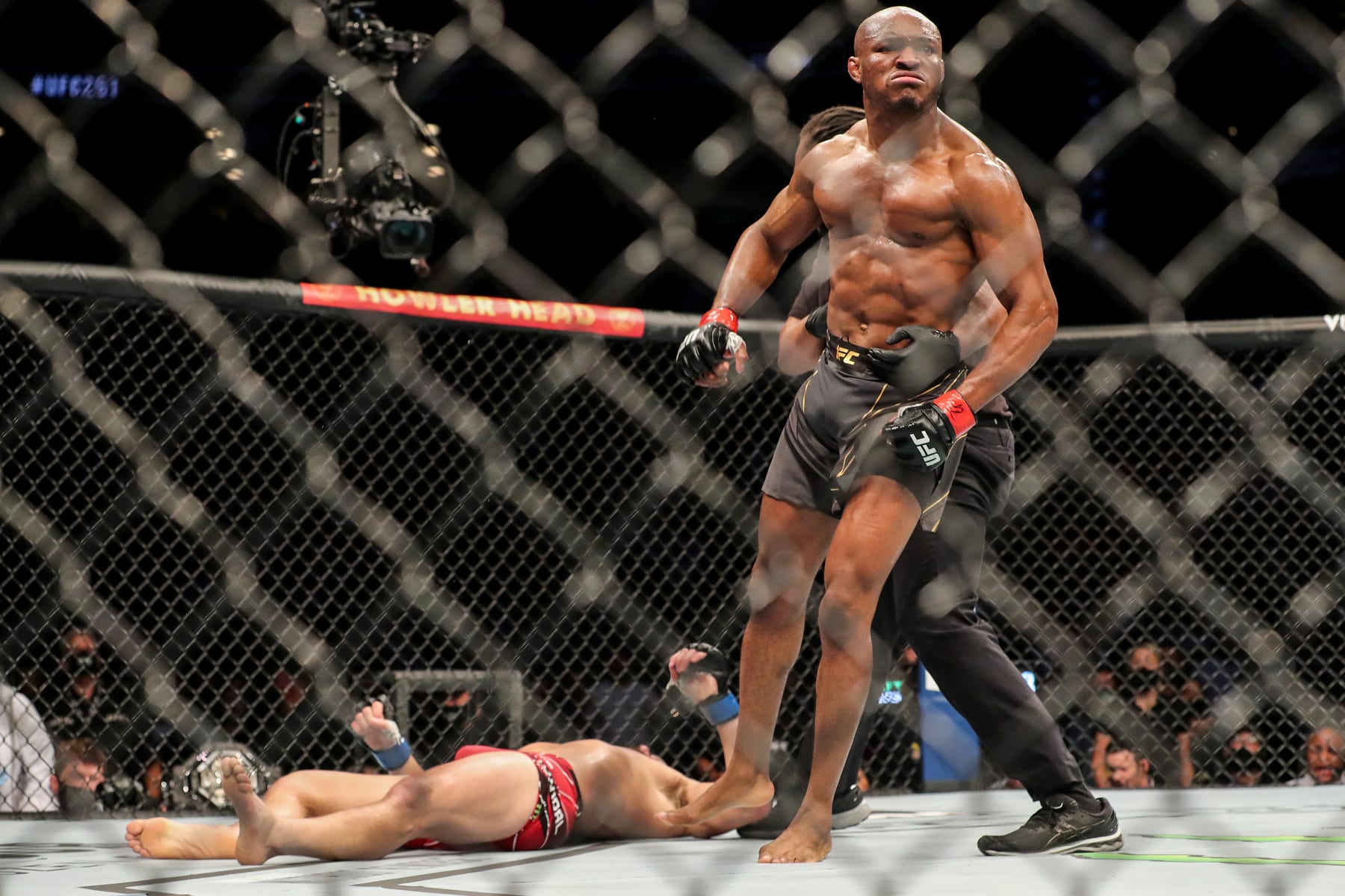 JACKSONVILLE, FL - APRIL 25: Kamaru Usman of Nigeria celebrates his victory over Jorge Masvidal of the United States during the Welterweight Title bout of UFC 261 at VyStar Veterans Memorial Arena on April 25, 2021 in Jacksonville, Florida.  (Photo by Alex Menendez/Getty Images)