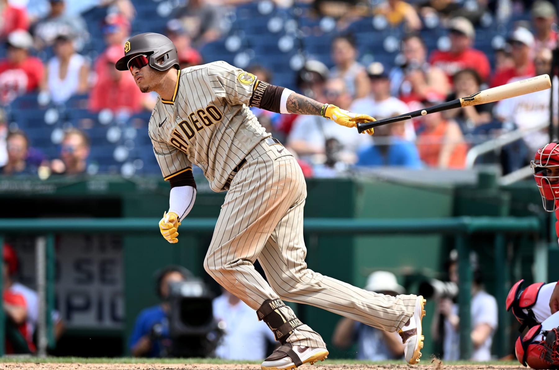 WASHINGTON, DC - AUGUST 14: Manny Machado #13 of the San Diego Padres hits a single in the ninth inning against the Washington Nationals at Nationals Park on August 14, 2022 in Washington, DC. (Photo by Greg Fiume/Getty Images)