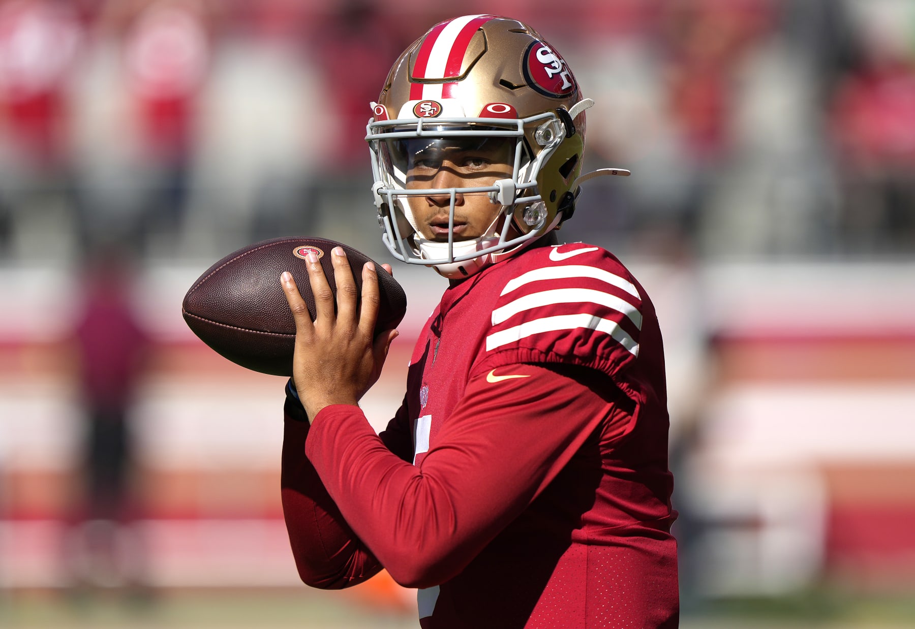 SANTA CLARA, CALIFORNIA - AUGUST 12: Trey Lance #5 of the San Francisco 49ers warms up prior to the start of a preseason NFL game against the Green Bay Packers at Levi's Stadium on August 12, 2022 in Santa Clara, California. (Photo by Thearon W. Henderson/Getty Images)