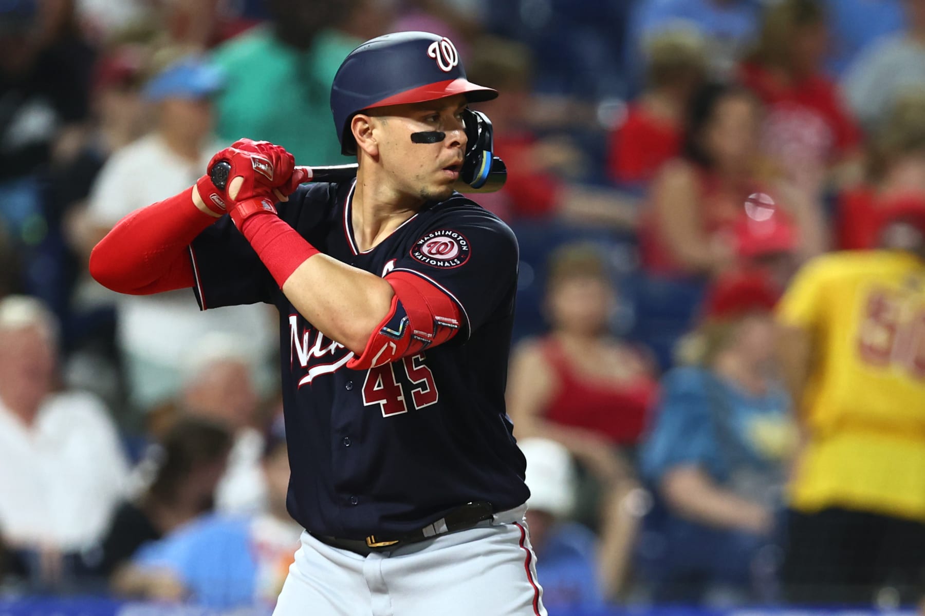 PHILADELPHIA, PA - AUGUST 06: Joey Meneses #45 of the Washington Nationals in action against the Philadelphia Phillies during a game at Citizens Bank Park on August 6, 2022 in Philadelphia, Pennsylvania. (Photo by Rich Schultz/Getty Images)