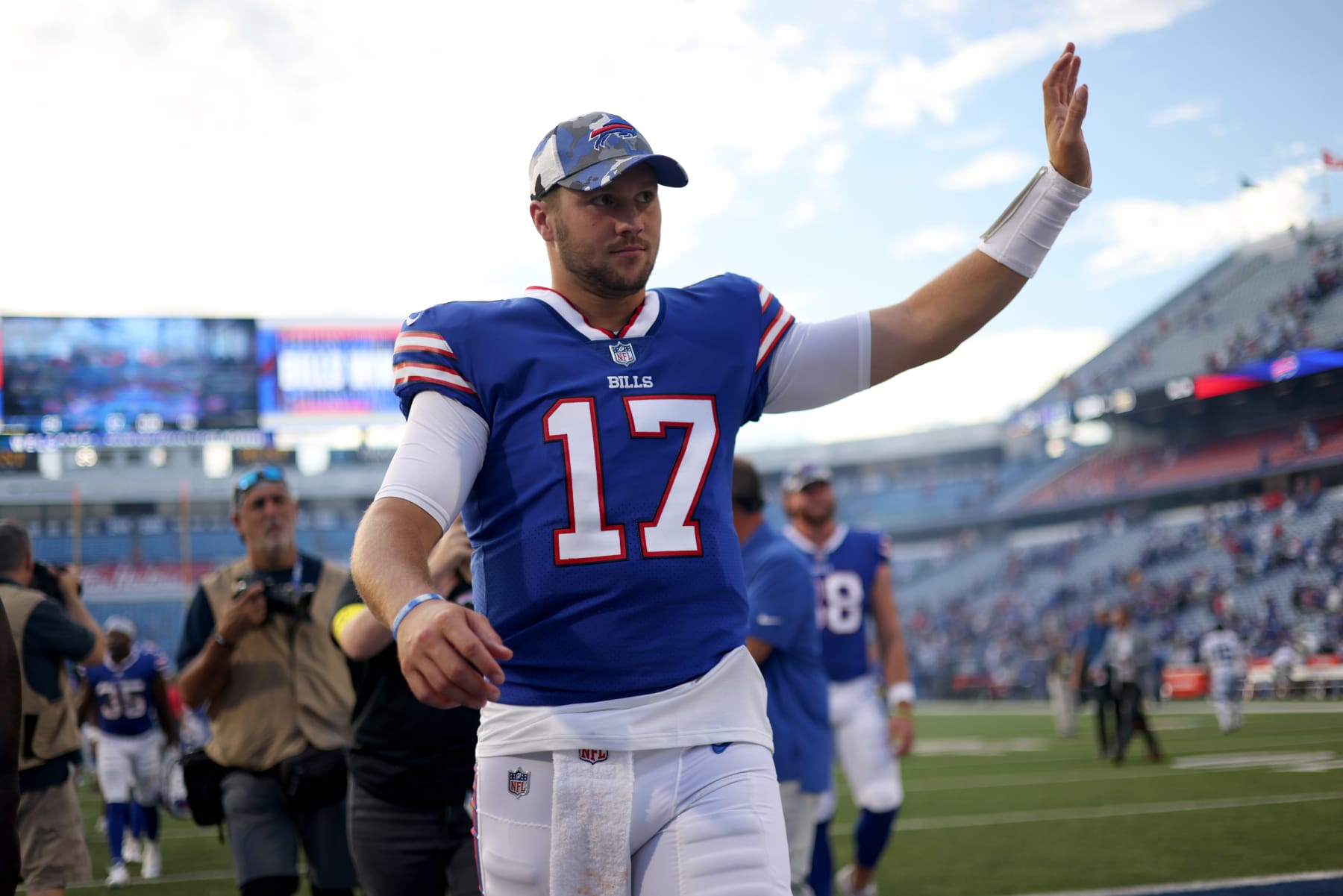 ORCHARD PARK, NEW YORK - AUGUST 13: Josh Allen #17 of the Buffalo Bills walks off the field after a preseason game against the Indianapolis Colts at Highmark Stadium on August 13, 2022 in Orchard Park, New York. (Photo by Bryan M. Bennett/Getty Images)