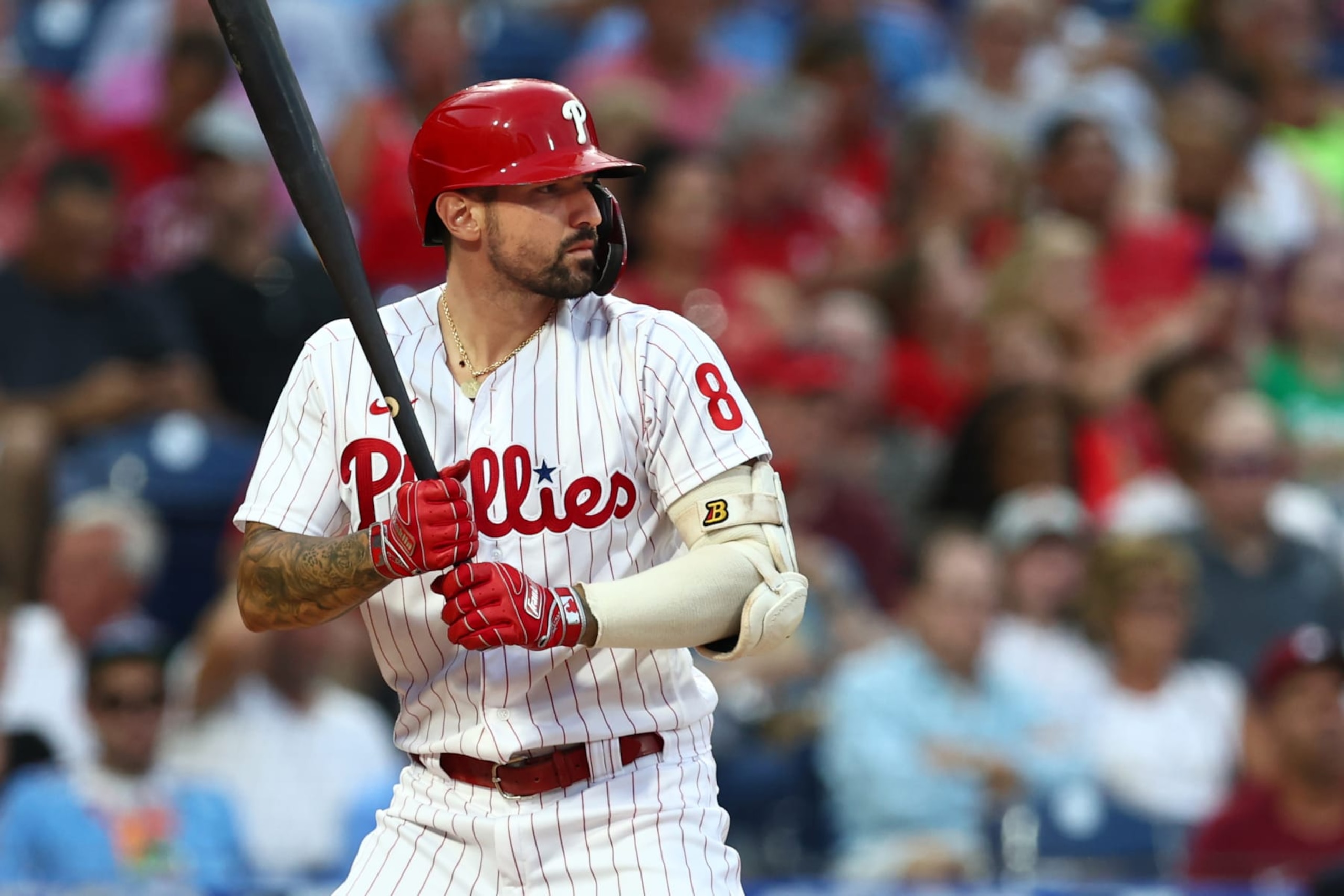 PHILADELPHIA, PA - AUGUST 06: Nick Castellanos #8 of the Philadelphia Phillies in action against the Washington Nationals during a game at Citizens Bank Park on August 6, 2022 in Philadelphia, Pennsylvania. (Photo by Rich Schultz/Getty Images) PHILADELPHIA, PA - AUGUST 06: Nick Castellanos #8 of the Philadelphia Phillies in action against the Washington Nationals during a game at Citizens Bank Park on August 6, 2022 in Philadelphia, Pennsylvania. (Photo by Rich Schultz/Getty Images)