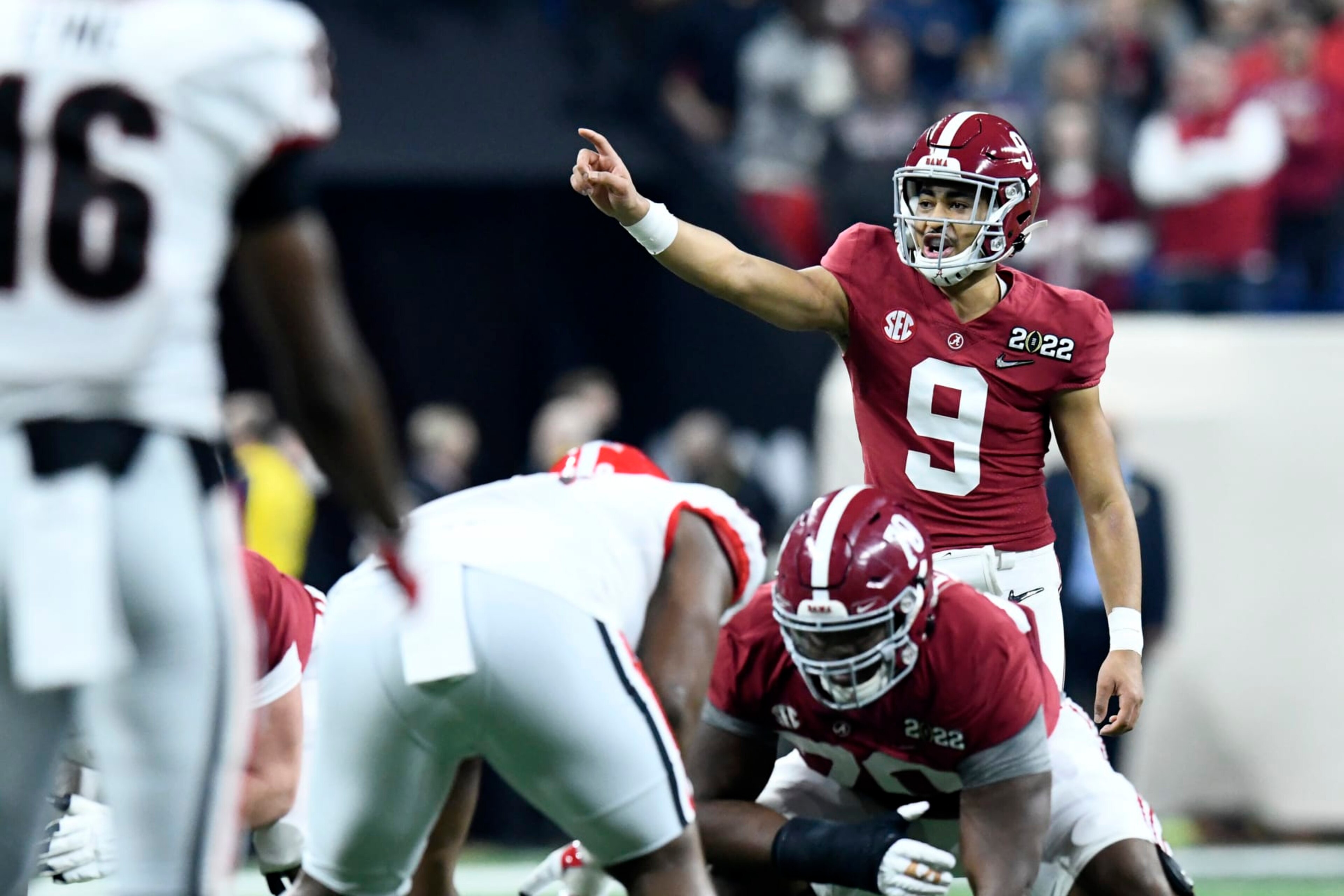 INDIANAPOLIS, IN - JANUARY 10: Alabama Crimson Tide QB Bryce Young (9) signals during the Alabama Crimson Tide versus the Georgia Bulldogs in the College Football Playoff National Championship, on January 10, 2022, at Lucas Oil Stadium in Indianapolis, IN. (Photo by Michael Allio/Icon Sportswire via Getty Images) INDIANAPOLIS, IN - JANUARY 10: Alabama Crimson Tide QB Bryce Young (9) signals during the Alabama Crimson Tide versus the Georgia Bulldogs in the College Football Playoff National Championship, on January 10, 2022, at Lucas Oil Stadium in Indianapolis, IN. (Photo by Michael Allio/Icon Sportswire via Getty Images)