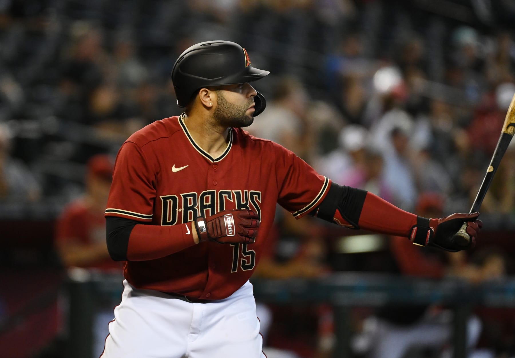 PHOENIX, ARIZONA - AUGUST 07: Emmanuel Rivera #15 of the Arizona Diamondbacks gets ready in the batters box against the Colorado Rockies at Chase Field on August 07, 2022 in Phoenix, Arizona. (Photo by Norm Hall/Getty Images)