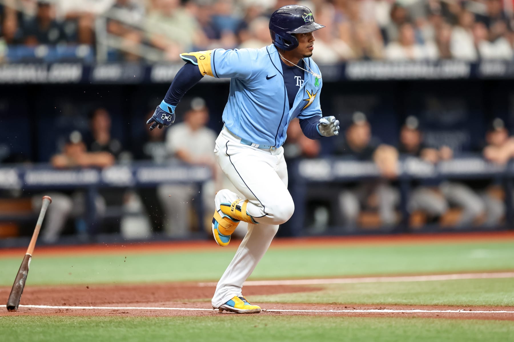ST. PETERSBURG, FL - MAY 29: Wander Franco #5 of the Tampa Bay Rays hits against the New York Yankees during a baseball game at Tropicana Field on May 29, 2022 in St. Petersburg, Florida. (Photo by Mike Carlson/Getty Images)