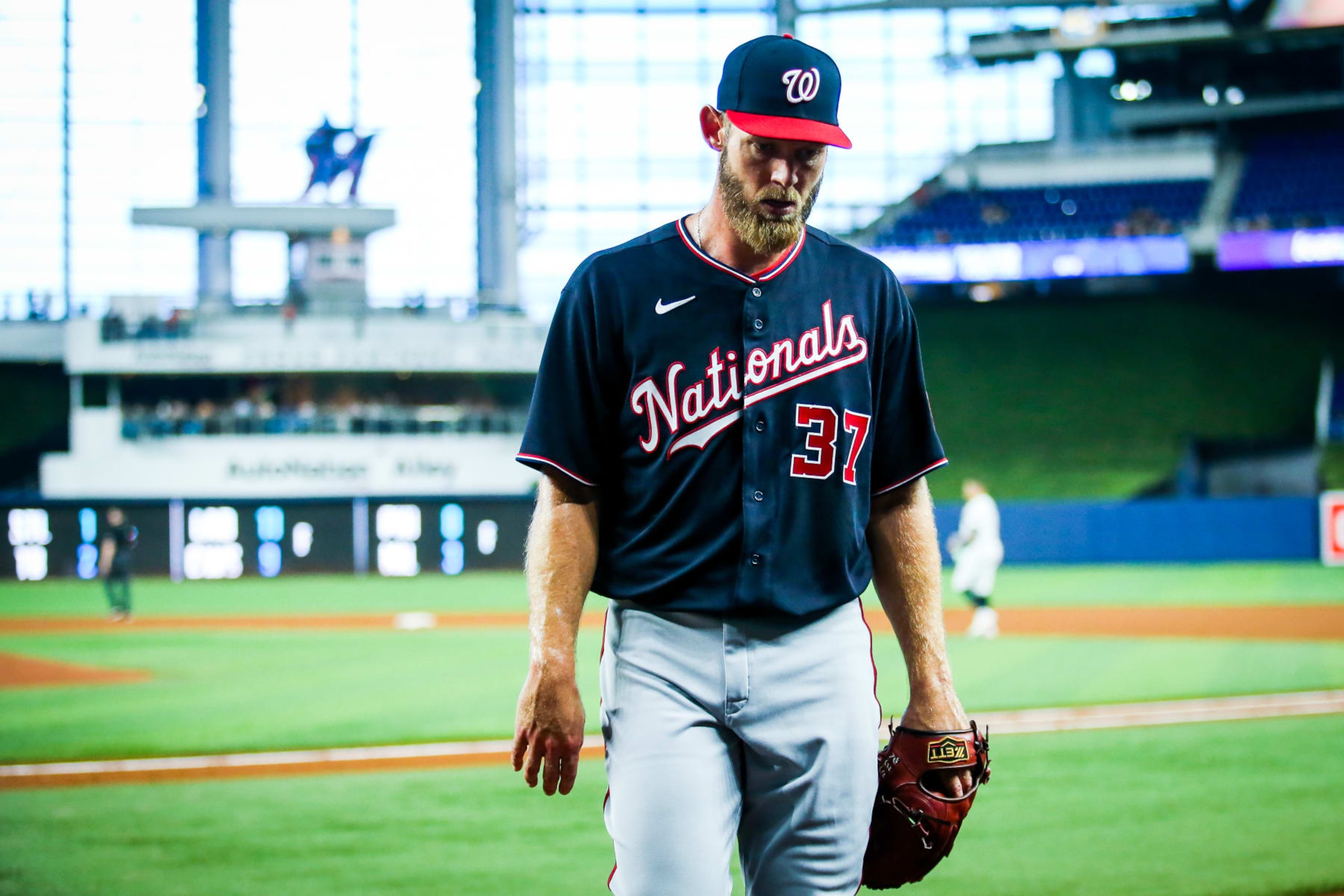 MIAMI, FL - JUNE 09: Stephen Strasburg #37 of the Washington Nationals walks off of the mound after the first inning during the game between the Washington Nationals and the Miami Marlins at loanDepot park on Thursday, June 9, 2022 in Miami, Florida. (Photo by Kelly Gavin/MLB Photos via Getty Images) MIAMI, FL - JUNE 09: Stephen Strasburg #37 of the Washington Nationals walks off of the mound after the first inning during the game between the Washington Nationals and the Miami Marlins at loanDepot park on Thursday, June 9, 2022 in Miami, Florida. (Photo by Kelly Gavin/MLB Photos via Getty Images)