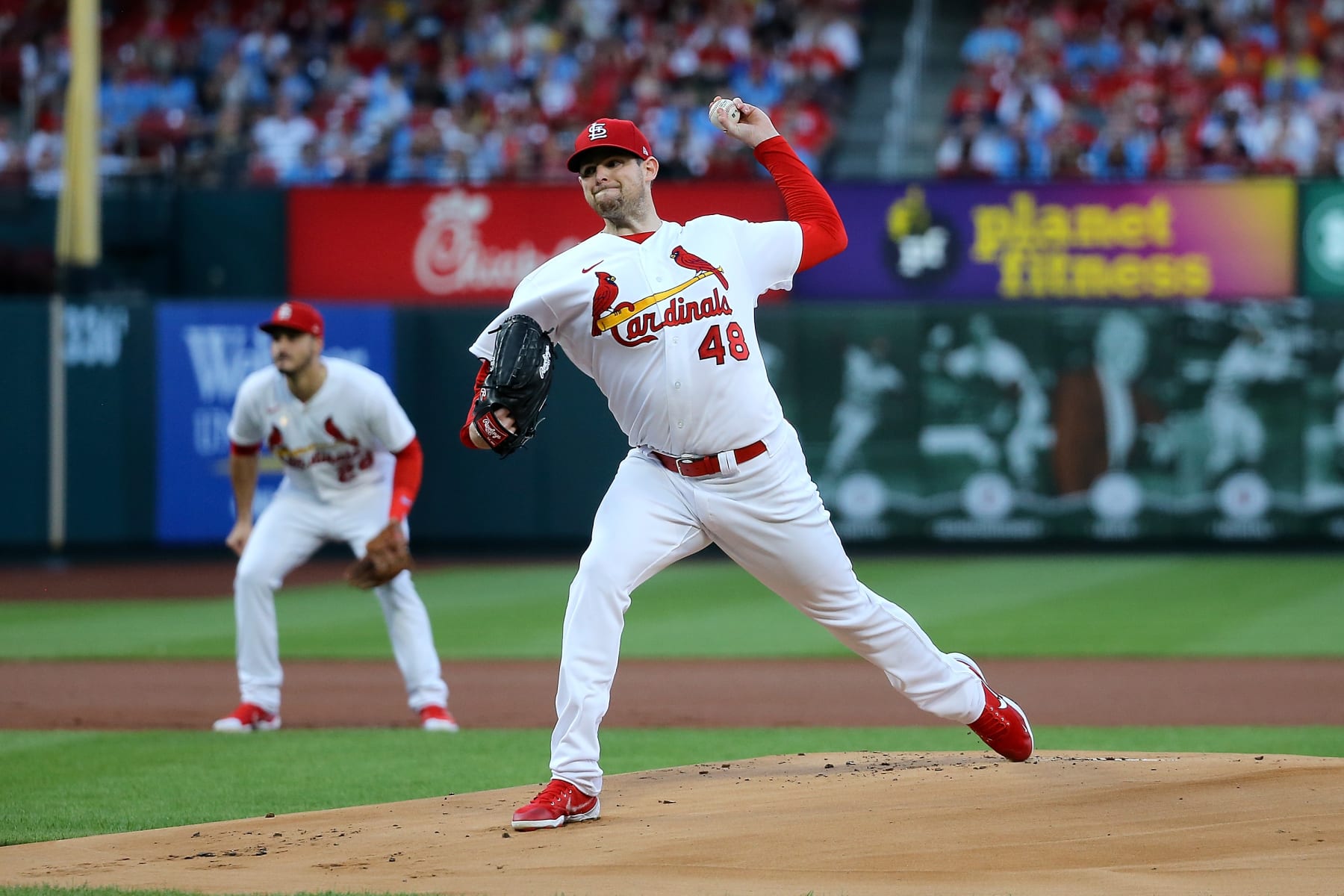 ST. LOUIS, MO - AUGUST 12: Starter Jordan Montgomery #48 of the St. Louis Cardinals delivers a pitch during the first inning against the Milwaukee Brewers at Busch Stadium on August 12, 2022 in St. Louis, Missouri. (Photo by Scott Kane/Getty Images)