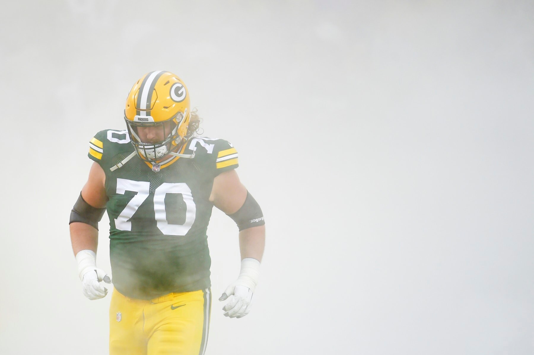 GREEN BAY, WISCONSIN - OCTOBER 03: Royce Newman #70 of the Green Bay Packers is introduced prior to a game against the Pittsburgh Steelers at Lambeau Field on October 03, 2021 in Green Bay, Wisconsin. (Photo by Patrick McDermott/Getty Images)